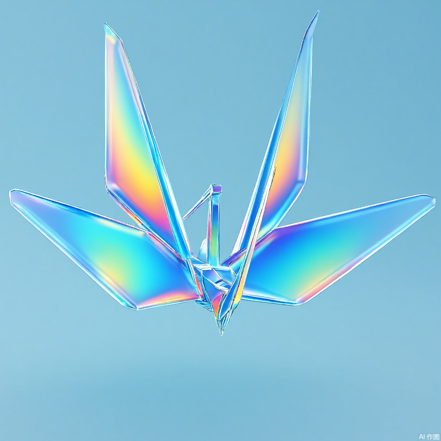 CHBL, A 3D origami crane with iridescent wings, transitioning from sky blue to sunrise pink. Its folded form creates dynamic shadows on a misty aqua backdrop.


