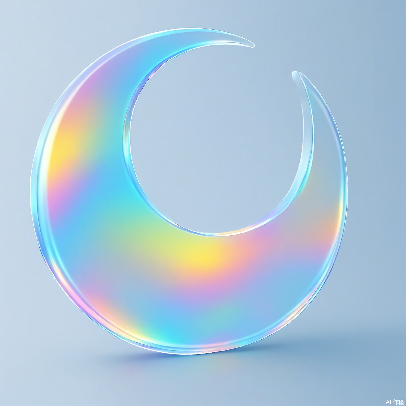 CHBL, A geometric crescent moon rendered in translucent holographic layers, blending tangerine and violet hues. Set against a pale gray-blue canvas, it casts a diffused glow mimicking lunar phases.

