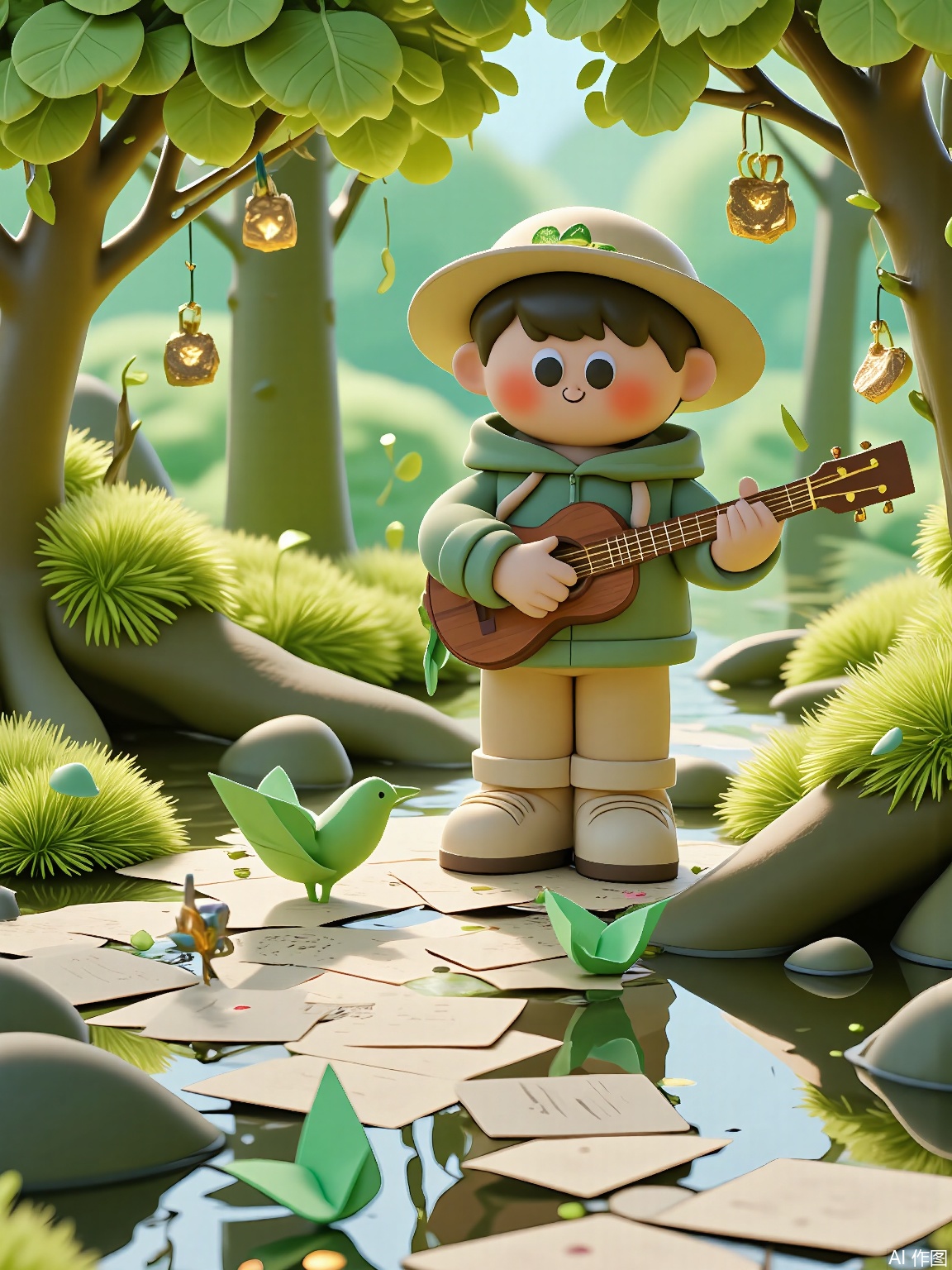 ETJ, 
A singing boy in a feather-adorned hat stands on a tree branch growing musical instruments. His guitar-shaped leaves play themselves as a river of sheet music flows beneath, carrying notes that turn into origami birds mid-stream.
