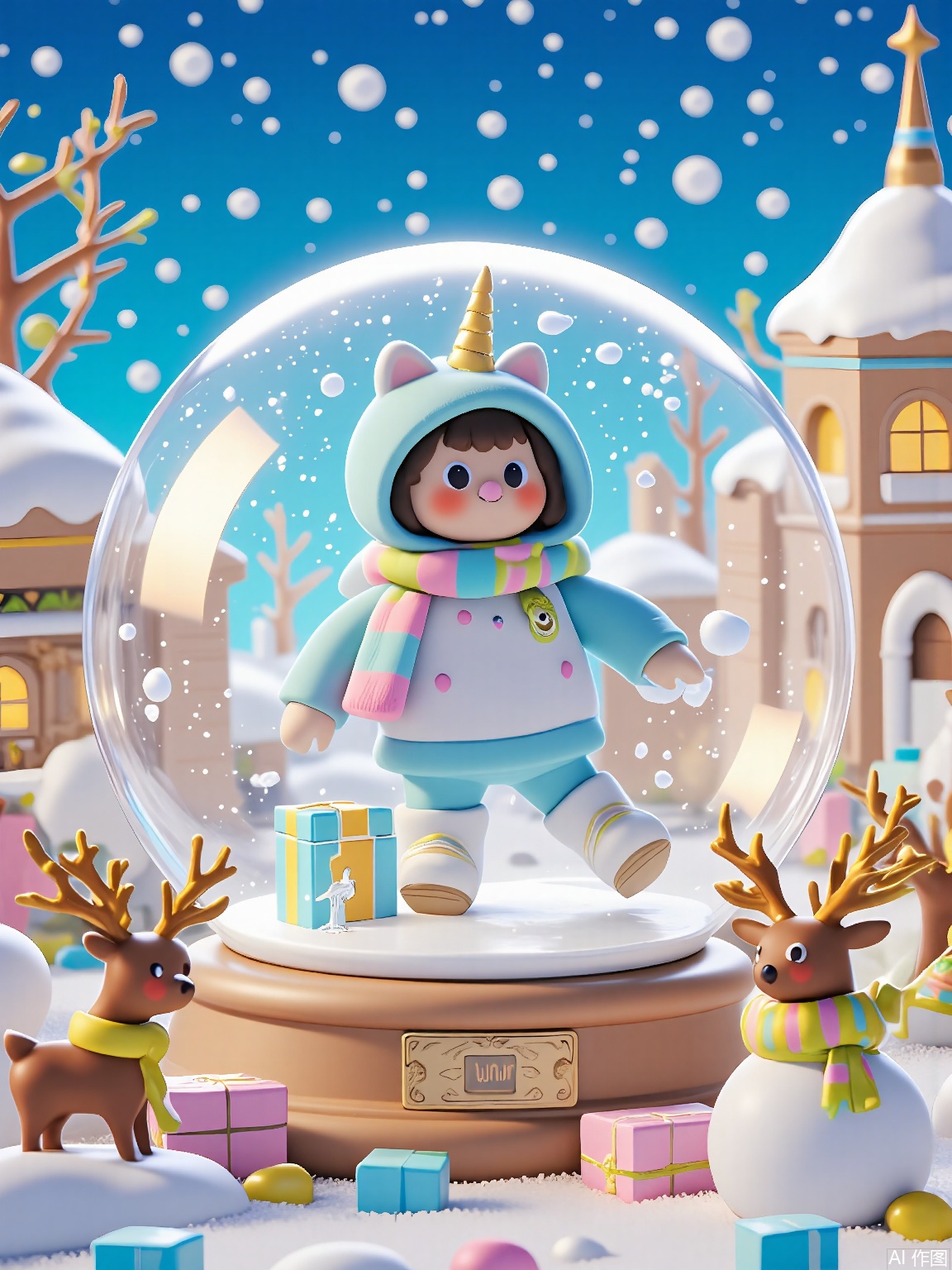 ETJ, 
A wide-eyed child in a unicorn hoodie floats inside a giant snow globe. The scene inside shows a winter village where snowmen wear knitted scarves, ice skaters glide on frozen hot chocolate, and reindeer pull sleighs made of gingerbread.
