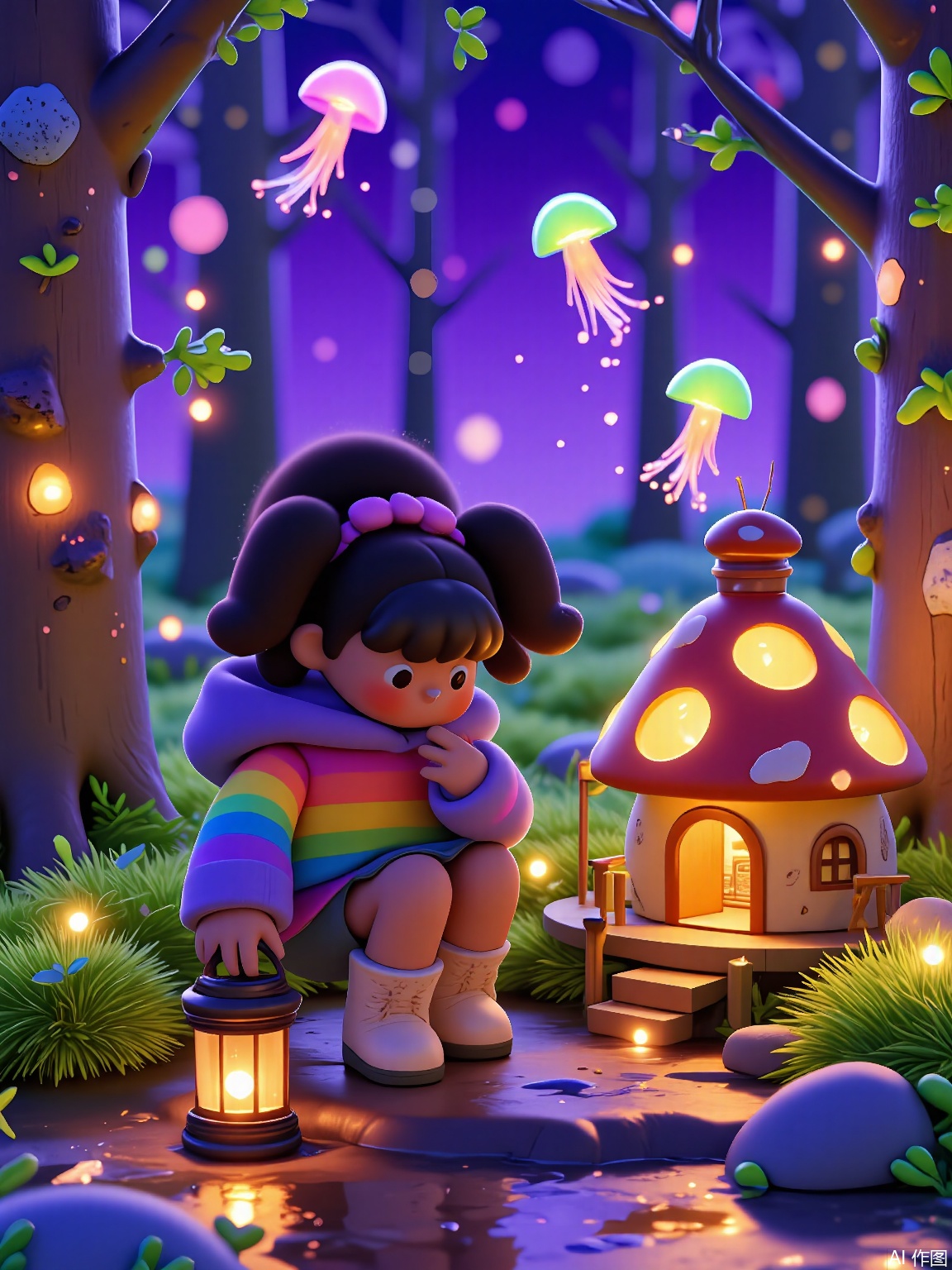 ETJ, 
A curly-haired girl in a rainbow striped sweater kneels beside a glowing mushroom ring, her polka-dot boots sinking into bioluminescent moss. Fireflies with tiny lantern tails circle a fairy house made of acorn caps, while floating jellyfish lights drift through an amethyst-skyed forest.
