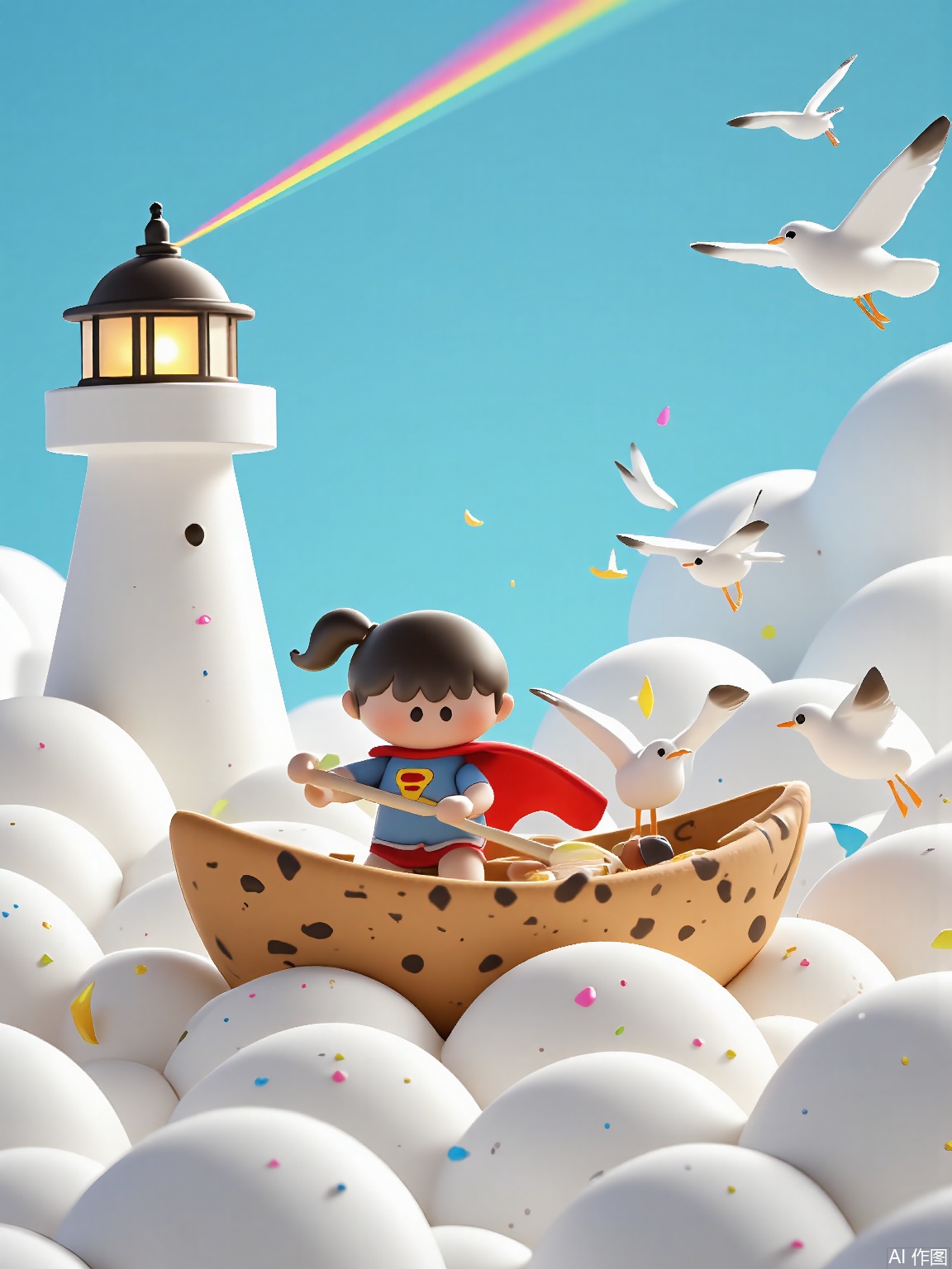 ETJ, 
A determined girl in a superhero cape rows a chocolate-chip cookie boat through a sea of whipped cream waves. Seagulls made of spun sugar circle above, while a lighthouse made of layer cake beams rainbow light across the horizon.
