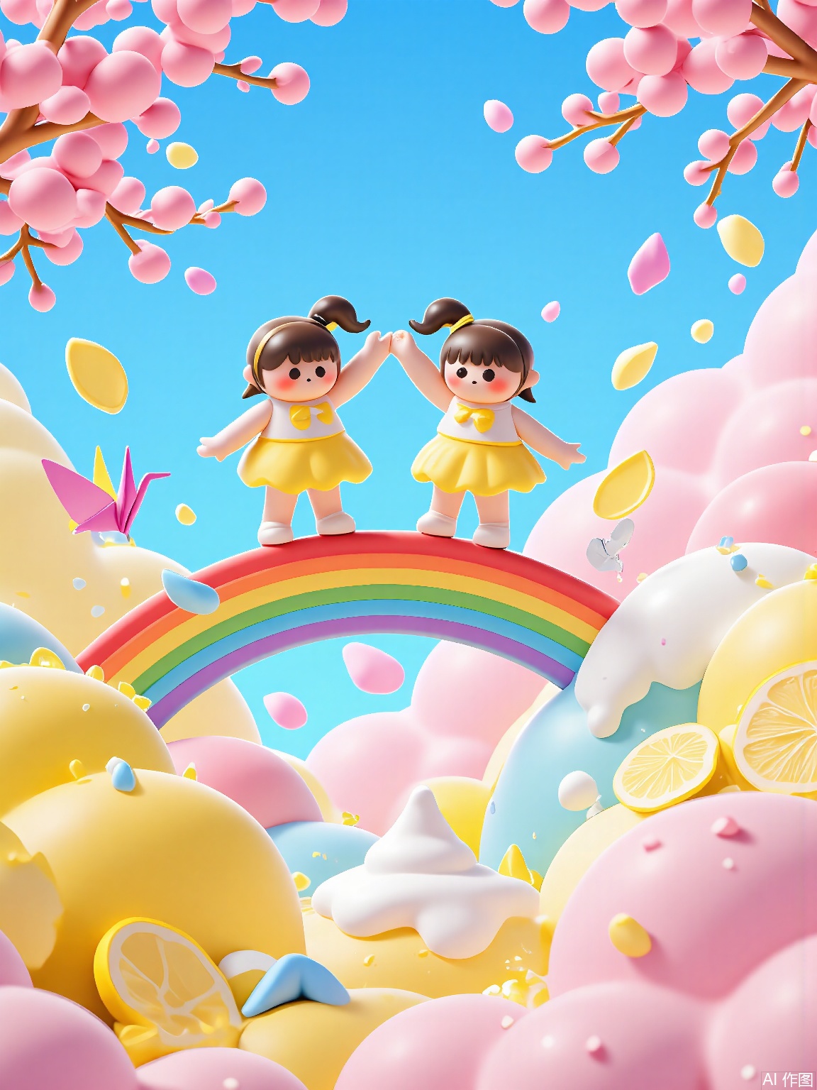 ETJ, 
Twin sisters with matching braids balance on a rainbow bridge between floating islands: one has a waterfall of lemonade, the other a mountain of melting ice cream. Cherry blossom petals transform into origami cranes mid-flight around them.
