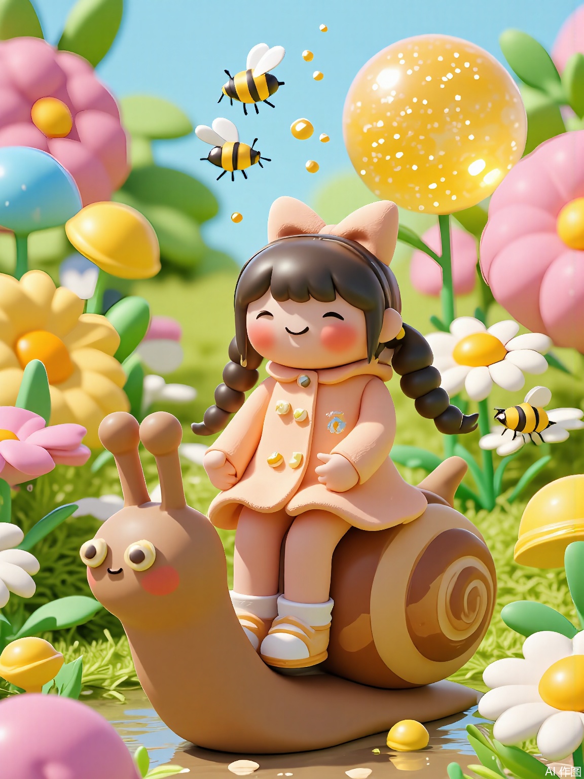 ETJ, 
A laughing girl in a raincoat rides a snail through a garden where flowers have candy centers. The snail's shell glitters with sugar crystals while above them, bees with honeycomb wings collect pollen from giant lollipop blossoms.
