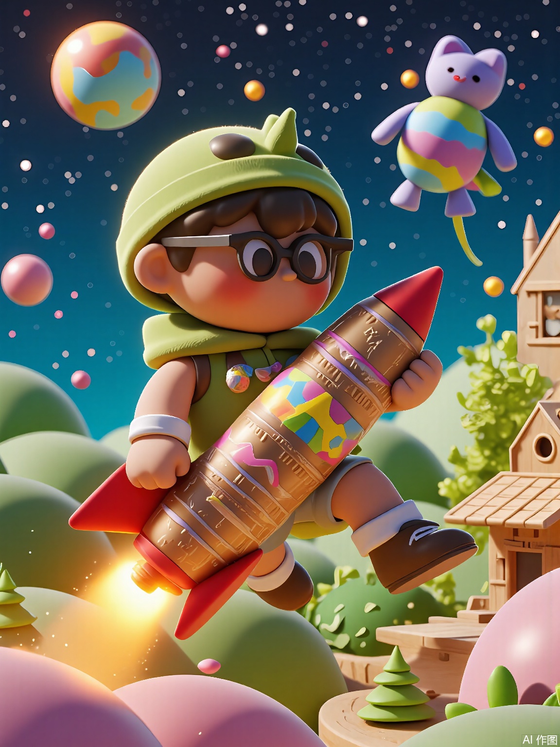 ETJ, 
A bespectacled boy in a dinosaur hoodie pilots a rocket made of rolled-up magazines through a galaxy of storybook planets. Each planet shows classic tale scenes - a gingerbread house, a beanstalk, and a wolf blowing down a straw house.
