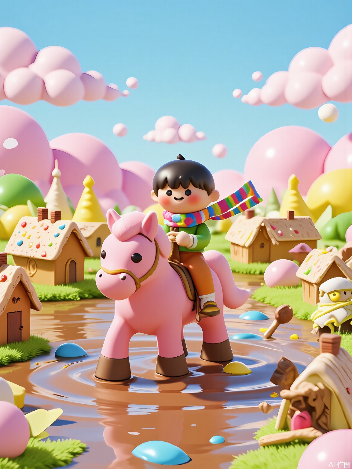 ETJ, 
A laughing boy with a patchwork scarf rides a candy-cane pony through a field of marshmallow clouds. Below them, gingerbread houses with licorice roofs dot a landscape of melted chocolate rivers, with cotton-candy swirls forming distant mountains.

