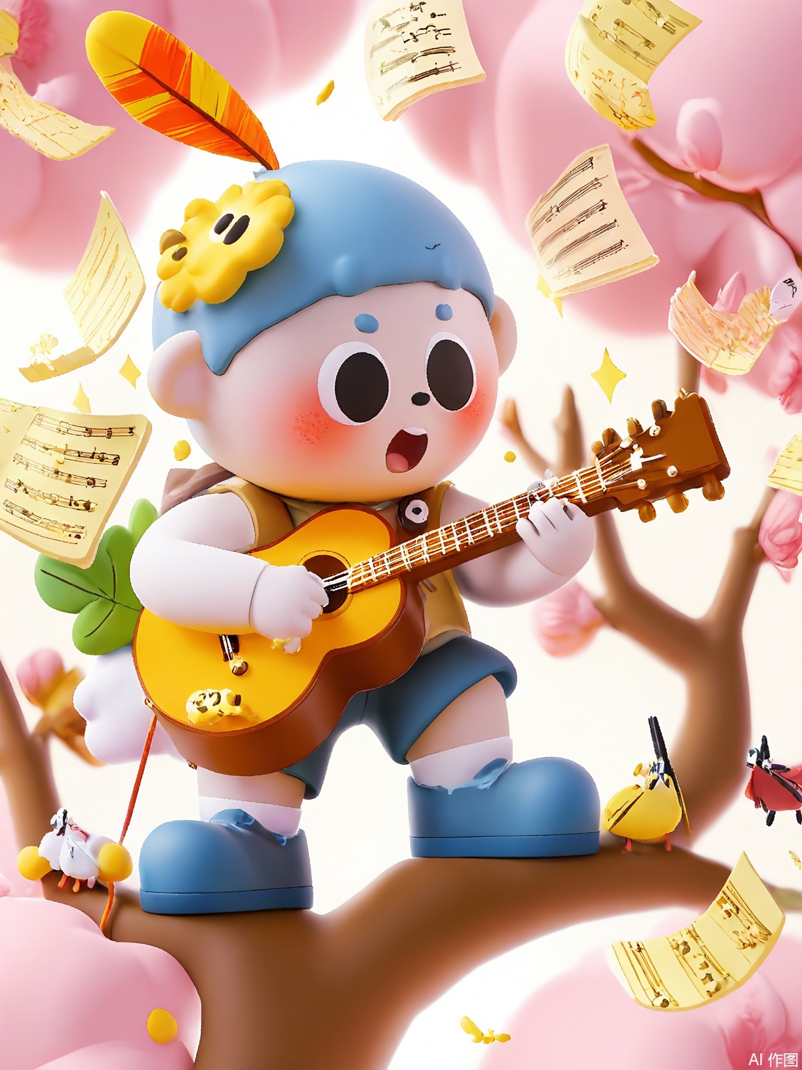 ETJ, A singing boy in a feather-adorned hat stands on a tree branch growing musical instruments. His guitar-shaped leaves play themselves as a river of sheet music flows beneath, carrying notes that turn into origami birds mid-stream.

