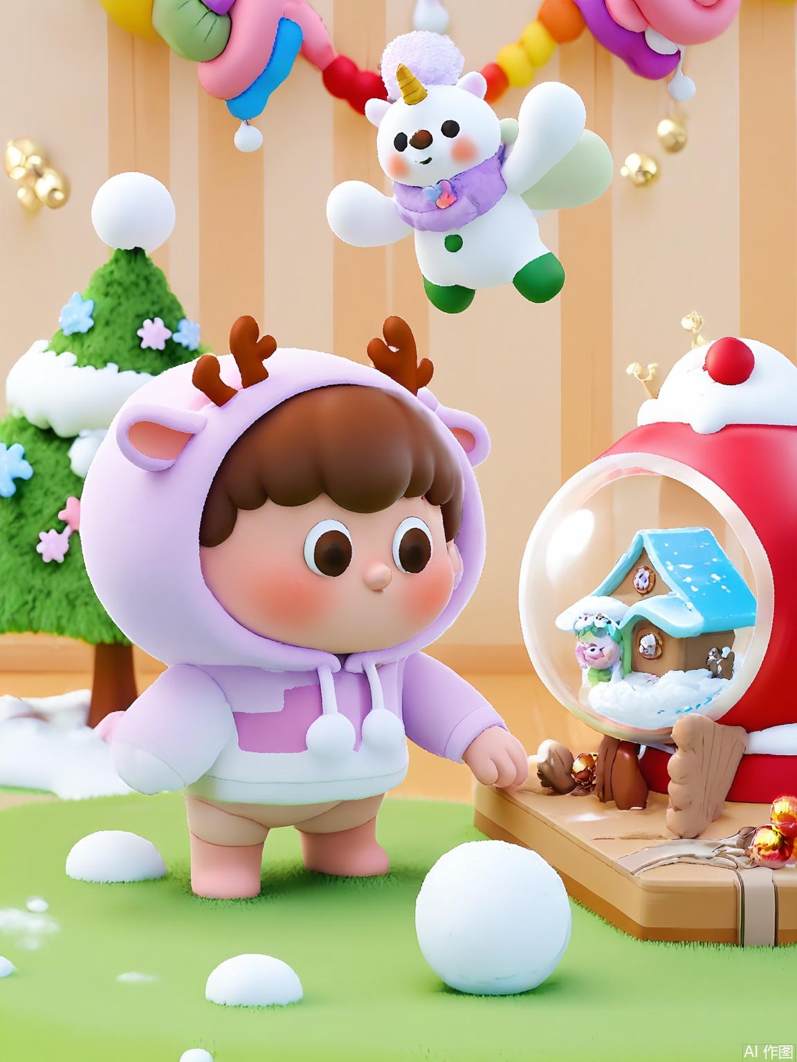 ETJ, A wide-eyed child in a unicorn hoodie floats inside a giant snow globe. The scene inside shows a winter village where snowmen wear knitted scarves, ice skaters glide on frozen hot chocolate, and reindeer pull sleighs made of gingerbread.

