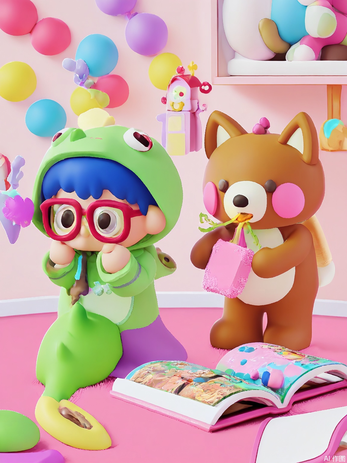 ETJ, A bespectacled boy in a dinosaur hoodie pilots a rocket made of rolled-up magazines through a galaxy of storybook planets. Each planet shows classic tale scenes - a gingerbread house, a beanstalk, and a wolf blowing down a straw house.

