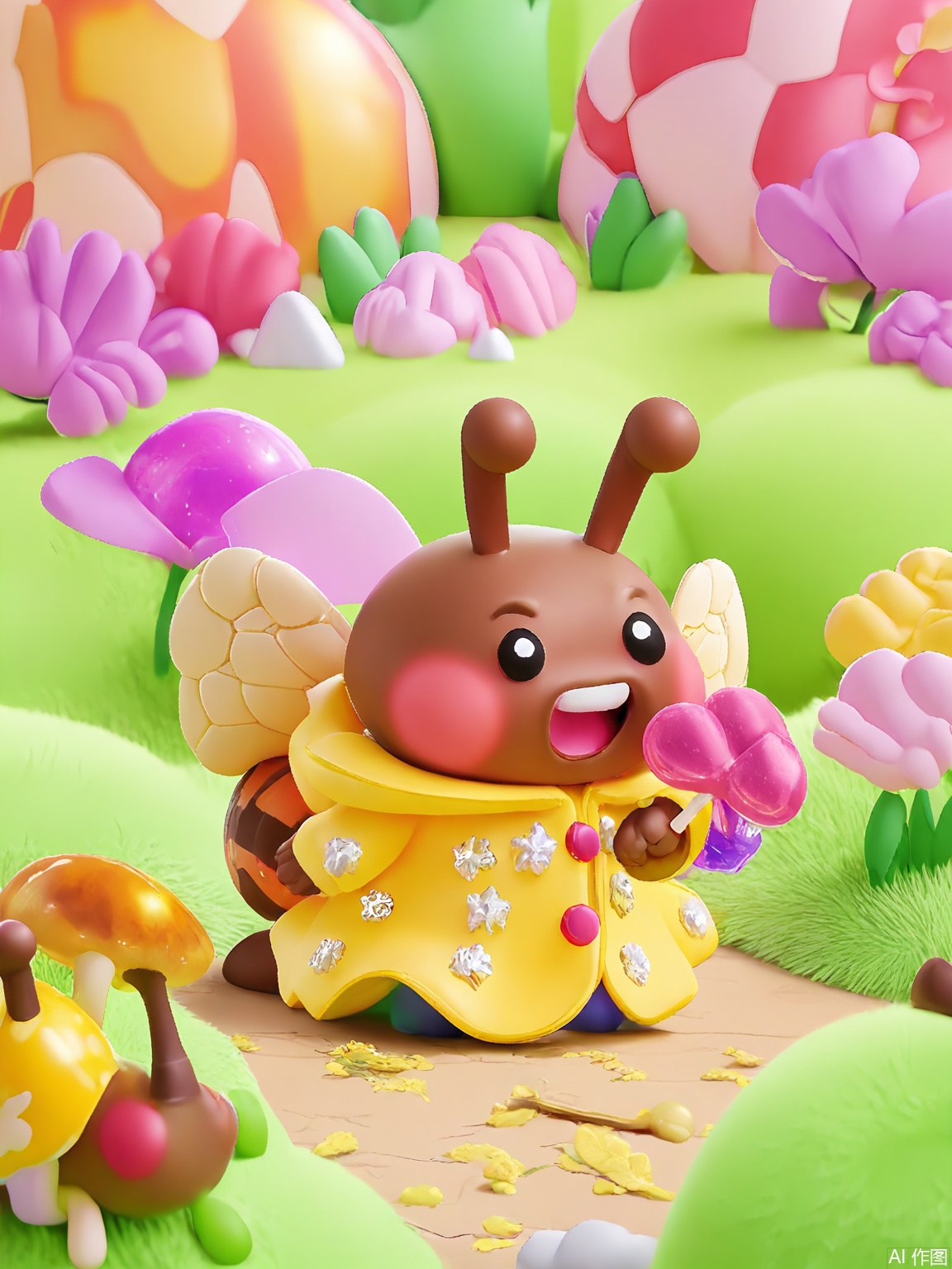 ETJ, A laughing girl in a raincoat rides a snail through a garden where flowers have candy centers. The snail's shell glitters with sugar crystals while above them, bees with honeycomb wings collect pollen from giant lollipop blossoms.

