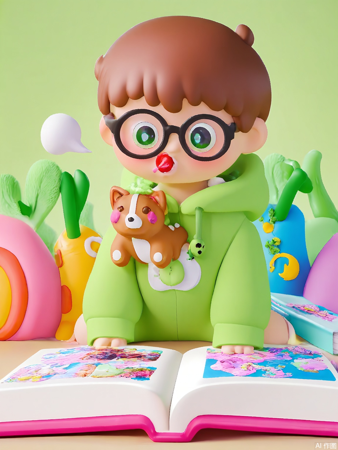 ETJ, A bespectacled boy in a dinosaur hoodie pilots a rocket made of rolled-up magazines through a galaxy of storybook planets. Each planet shows classic tale scenes - a gingerbread house, a beanstalk, and a wolf blowing down a straw house.

