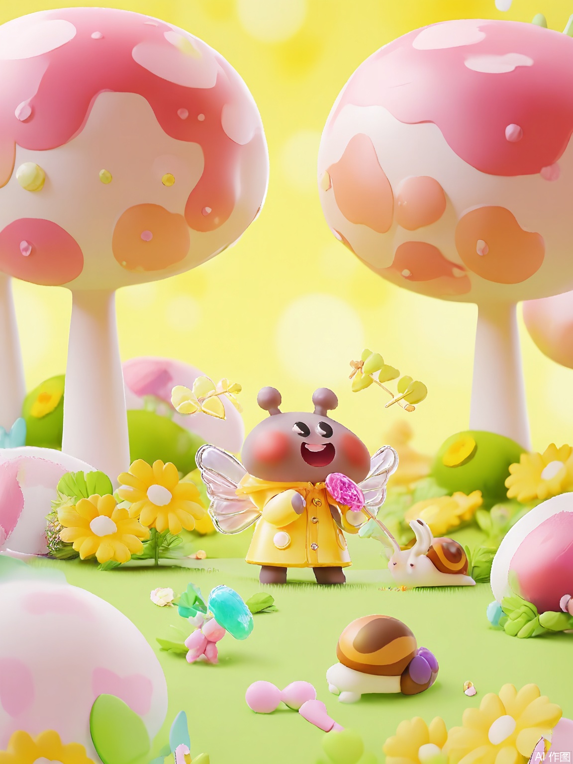 ETJ, A laughing girl in a raincoat rides a snail through a garden where flowers have candy centers. The snail's shell glitters with sugar crystals while above them, bees with honeycomb wings collect pollen from giant lollipop blossoms.

