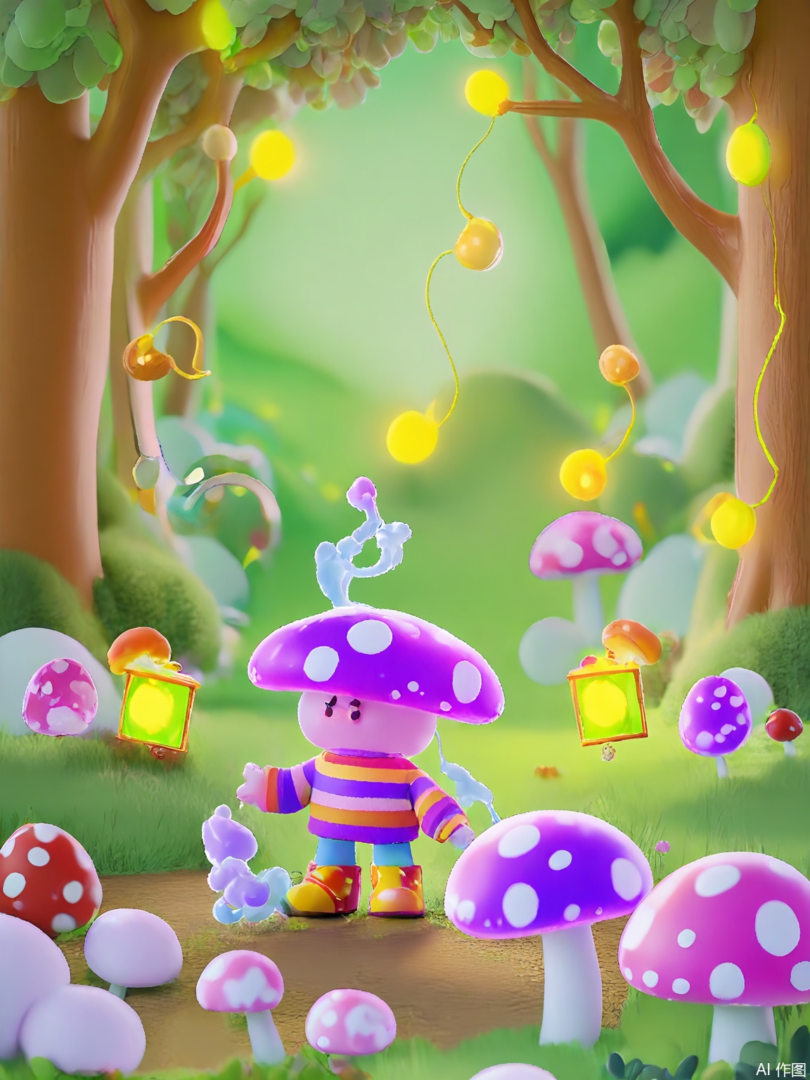 ETJ, A curly-haired girl in a rainbow striped sweater kneels beside a glowing mushroom ring, her polka-dot boots sinking into bioluminescent moss. Fireflies with tiny lantern tails circle a fairy house made of acorn caps, while floating jellyfish lights drift through an amethyst-skyed forest.

