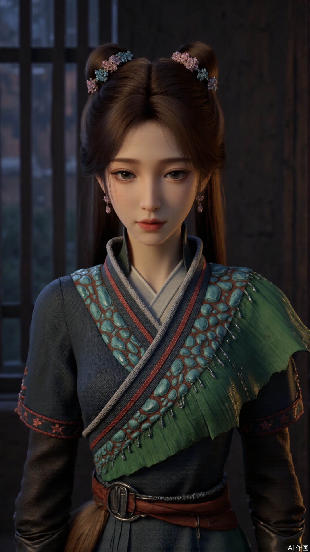 1girl, long hair, solo, bunches, hair ornament, black hair, mischevious smile, perfect body, scenery, sharp focus, best quality, masterpiece, detailed outfit, illustration, perfect eyes, finely detailed beautiful anime eyes, realistic skin, intricate details, best lighting, depth of field, ultra high resolution, sitting