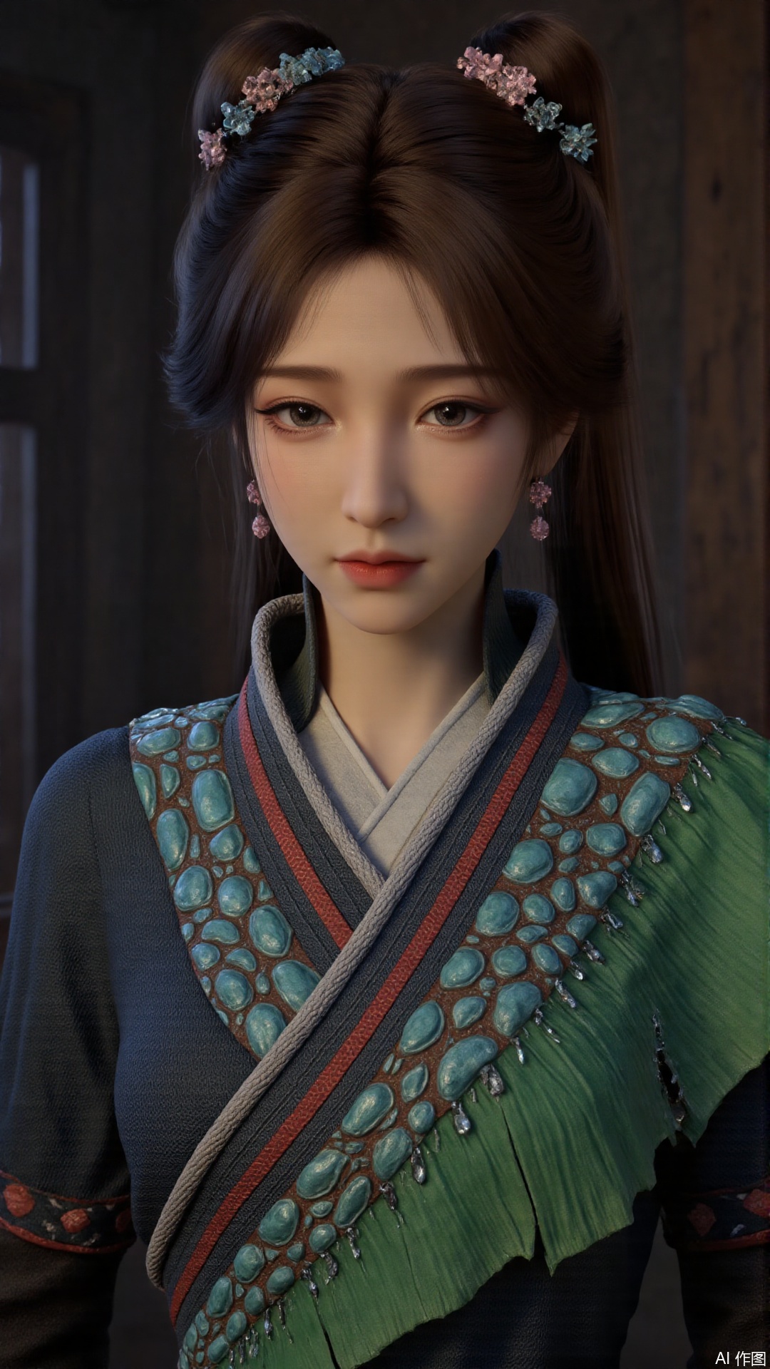 1girl, long hair, solo, bunches, hair ornament, black hair, mischevious smile, perfect body, scenery, sharp focus, best quality, masterpiece, detailed outfit, illustration, perfect eyes, finely detailed beautiful anime eyes, realistic skin, intricate details, best lighting, depth of field, ultra high resolution, cowboy shot