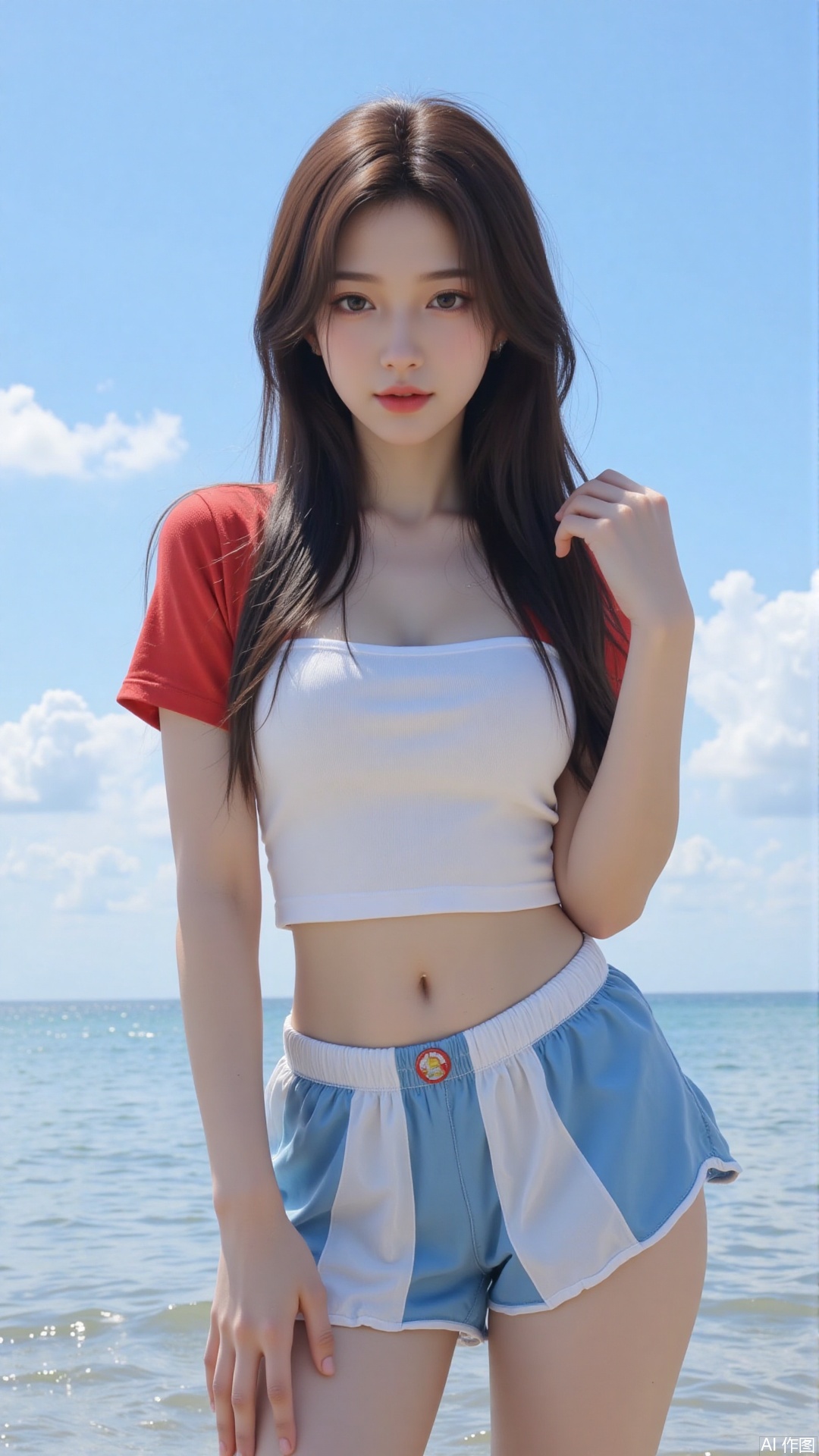 Korean girl, single, showing navel, long hair, thighs, wearing shirt, outdoors, looking at viewer, realistic style, with water and sky, daytime, fair thighs, white tube top, short top, sea, lips, blue sky, short sleeves, smile, clouds, dark eyes, big eyes Eyes, plump breasts, plump breasts, chest, looking at the audience, looking at the screen, bare shoulders, collarbone, standing in the sea, (((upper body red short-sleeved, short top)), (((wearing a translucent The white gauze skirt and blue swimming trunks with the school team logo)) were soaked in the water and were soaked.