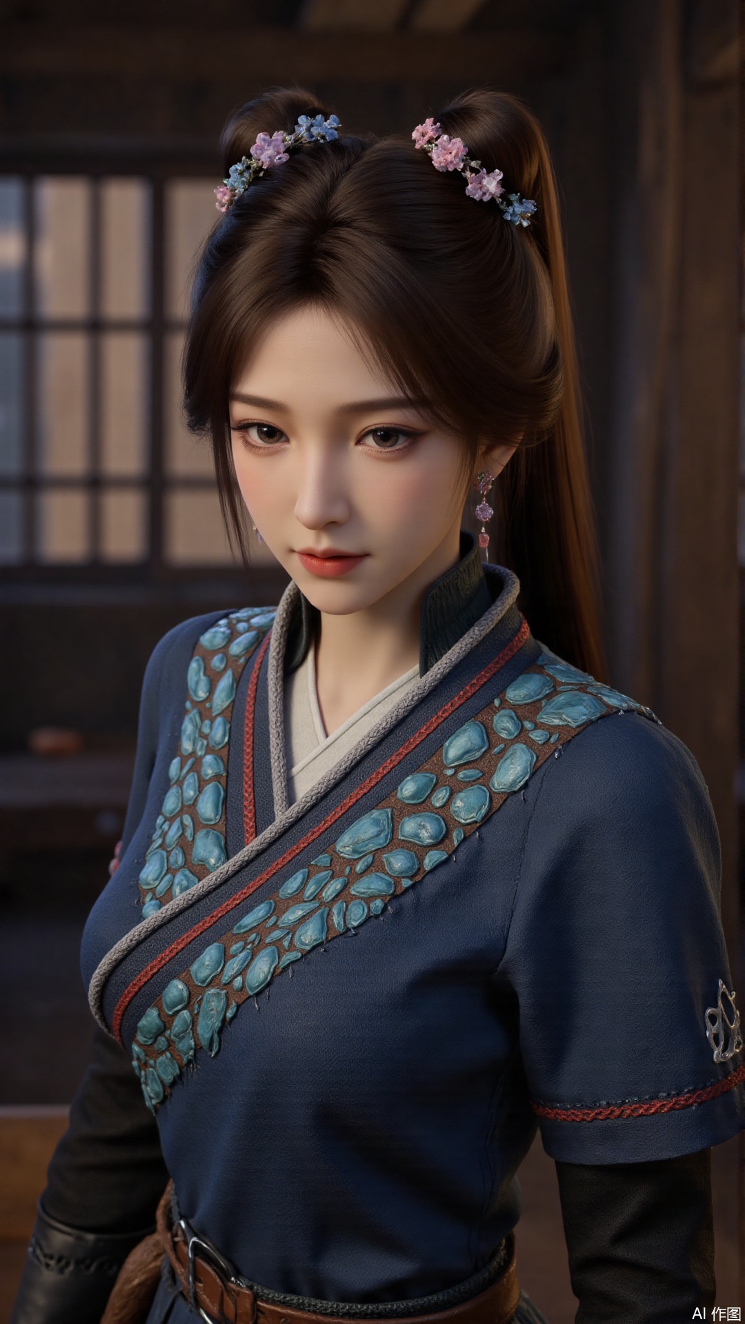 1girl, long hair, solo, bunches, hair ornament, black hair, mischevious smile, perfect body, scenery, sharp focus, best quality, masterpiece, detailed outfit, illustration, perfect eyes, finely detailed beautiful anime eyes, realistic skin, intricate details, best lighting, depth of field, ultra high resolution, cowboy shot
