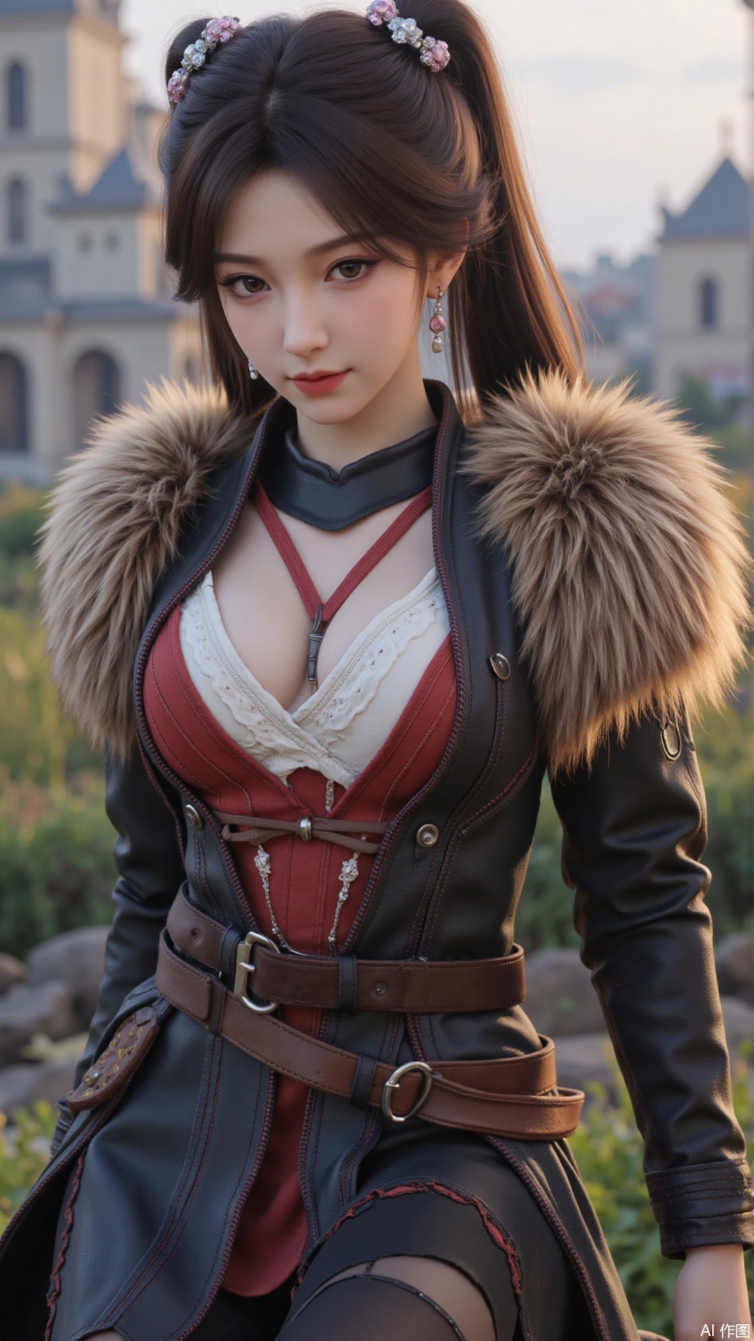 1girl, long hair, solo, bunches, hair ornament, black hair, mischevious smile, perfect body, scenery, sharp focus, best quality, masterpiece, detailed outfit, illustration, perfect eyes, finely detailed beautiful anime eyes, realistic skin, intricate details, best lighting, depth of field, ultra high resolution, cowboy shot