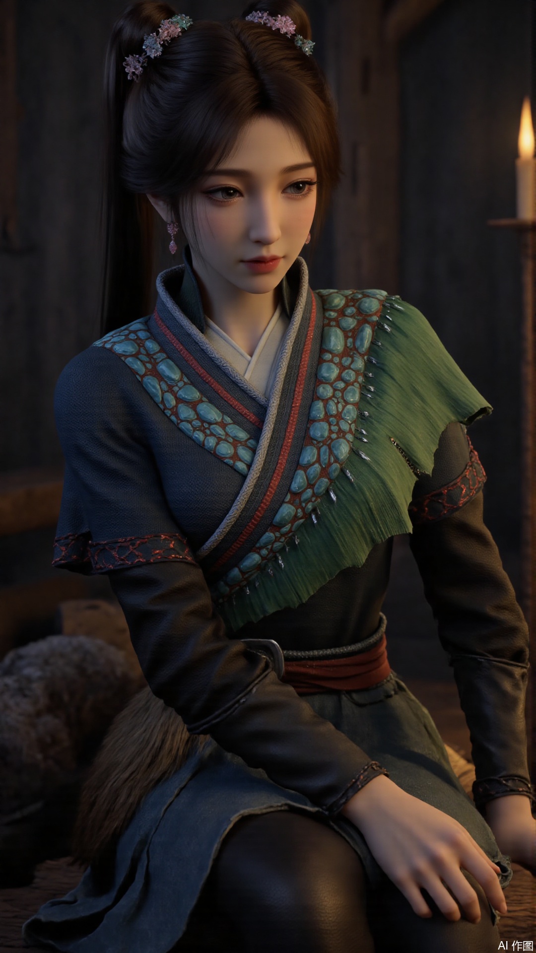 1girl, long hair, solo, bunches, hair ornament, black hair, mischevious smile, perfect body, scenery, sharp focus, best quality, masterpiece, detailed outfit, illustration, perfect eyes, finely detailed beautiful anime eyes, realistic skin, intricate details, best lighting, depth of field, ultra high resolution, sitting