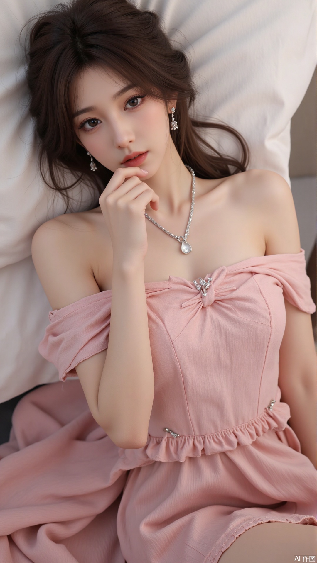 1girl, solo, jewelry, earrings, breasts, necklace, dress, realistic, bare shoulders, looking at viewer, lying, perfect body, scenery, sharp focus, best quality, masterpiece, detailed outfit, illustration, perfect eyes, finely detailed beautiful anime eyes, realistic skin, intricate details, best lighting, depth of field, ultra high resolution, bed, from above