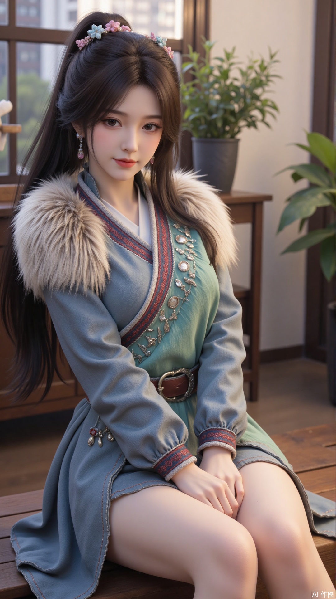 1girl, long hair, solo, bunches, hair ornament, black hair, mischevious smile, perfect body, scenery, sharp focus, best quality, masterpiece, detailed outfit, illustration, perfect eyes, finely detailed beautiful anime eyes, realistic skin, intricate details, best lighting, depth of field, ultra high resolution, sitting