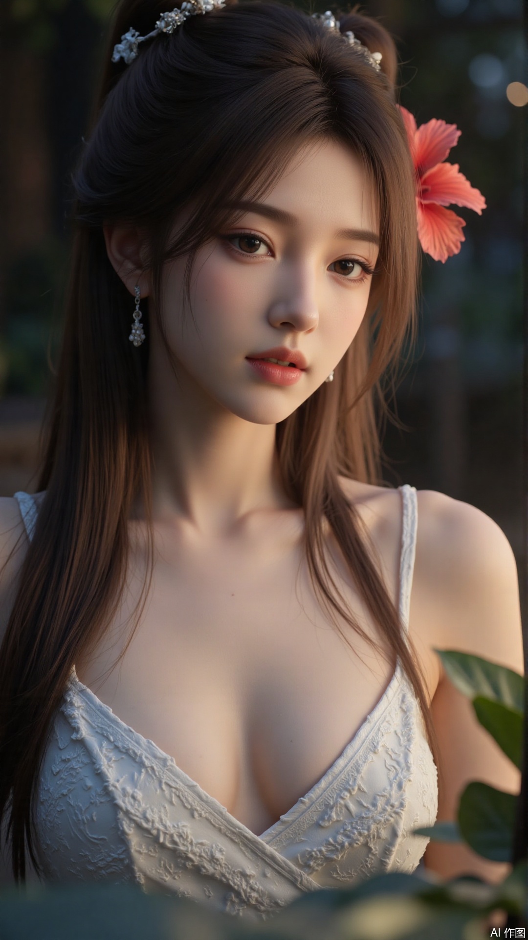 1girl, solo, long hair, breasts, looking at viewer, blush, open mouth, bangs, brown hair, hair ornament, dress, bare shoulders, brown eyes, medium breasts, collarbone, flower, parted lips, hair flower, water, white dress, sleeveless dress, leaf, plant, red flower, partially submerged, hibiscus
,backlighting,depth of field,cinematic lighting,light particles,lens flare, (artist:quasarcake:0.8),extreme aesthetic,(wlop:0.6),masterpiece,best quality,good quality,newest,very aesthetic,absurdres,Visual impact,A shot with tension, ultra-high resolution,32K UHD,sharp focus,best-quality,masterpiece,Emotionalization,unconventional supreme masterpiece,masterful details,temperate atmosphere,with a high-end texture,in the style of fashion photography, (alzi xiaomI:1.2),(mogumo:1.1),(good hands, nice hands:0.5),giving the poster a dynamic and visually striking appearance,impactful picture,offcial art,colorful,movie perspective, masterpiece,best quality,amazing quality,very aesthetic,absurdres,best quality,newest