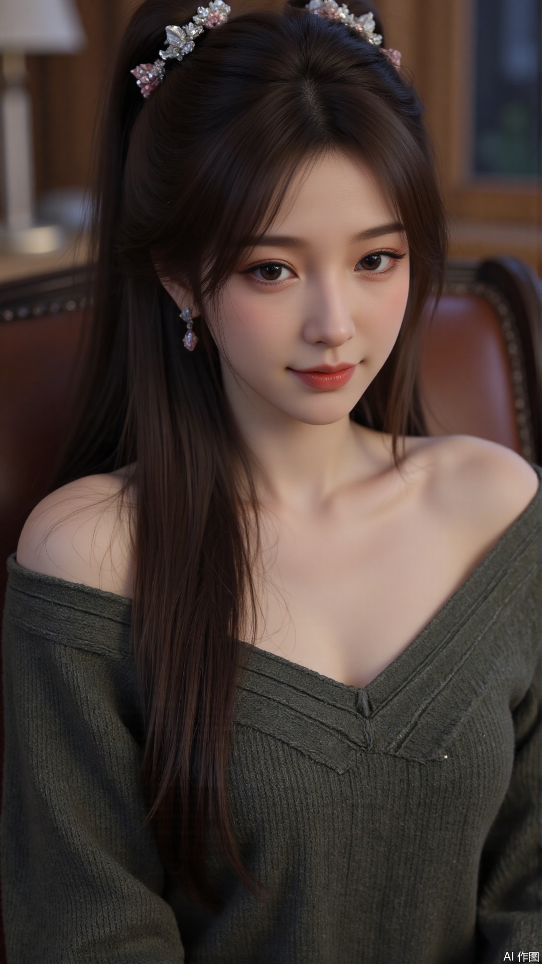 1girl, solo, long hair, looking at viewer, smile, sitting, collarbone, off shoulder, sweater, messy hair, realistic