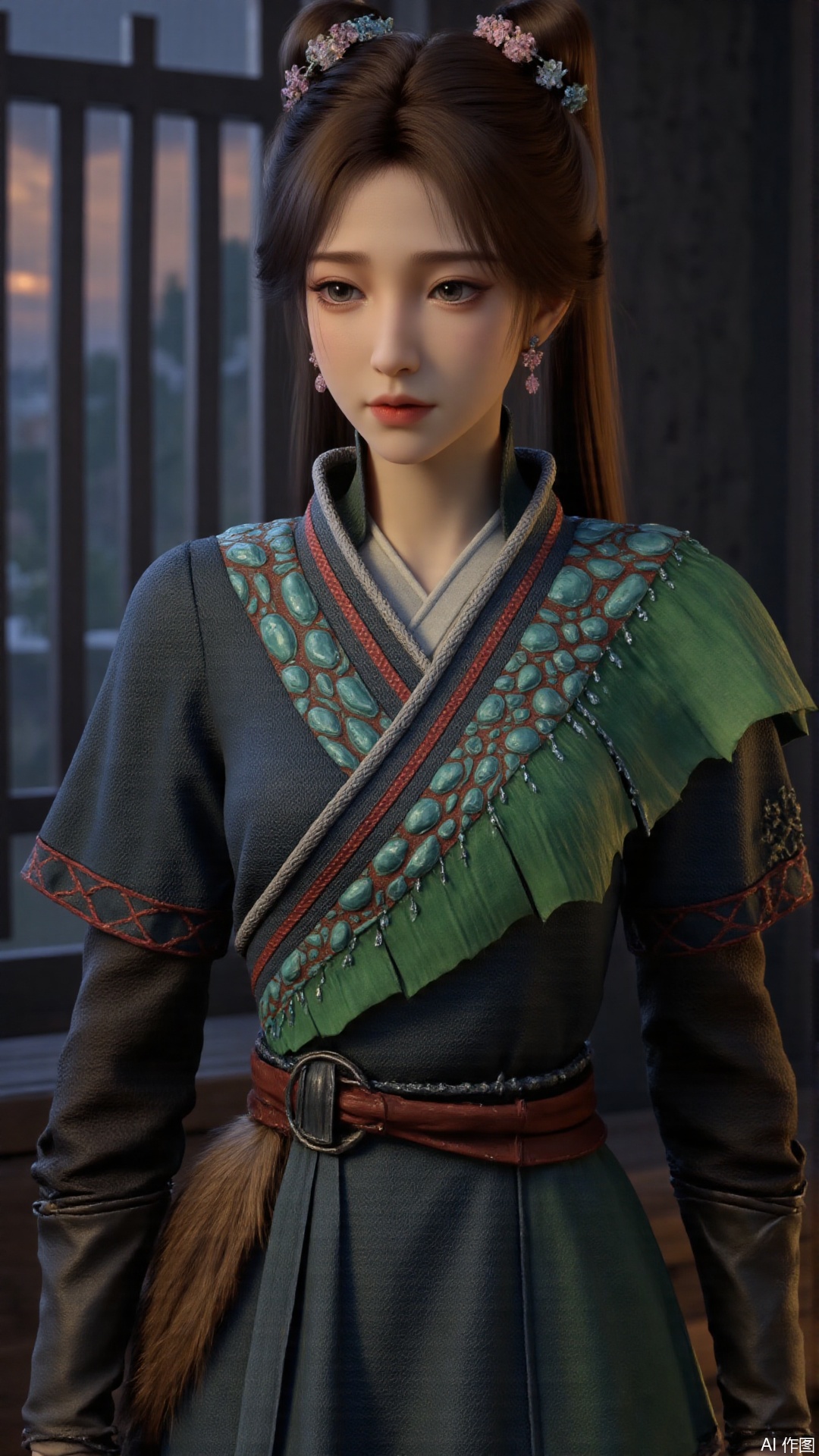 1girl, long hair, solo, bunches, hair ornament, black hair, mischevious smile, perfect body, scenery, sharp focus, best quality, masterpiece, detailed outfit, illustration, perfect eyes, finely detailed beautiful anime eyes, realistic skin, intricate details, best lighting, depth of field, ultra high resolution, cowboy shot