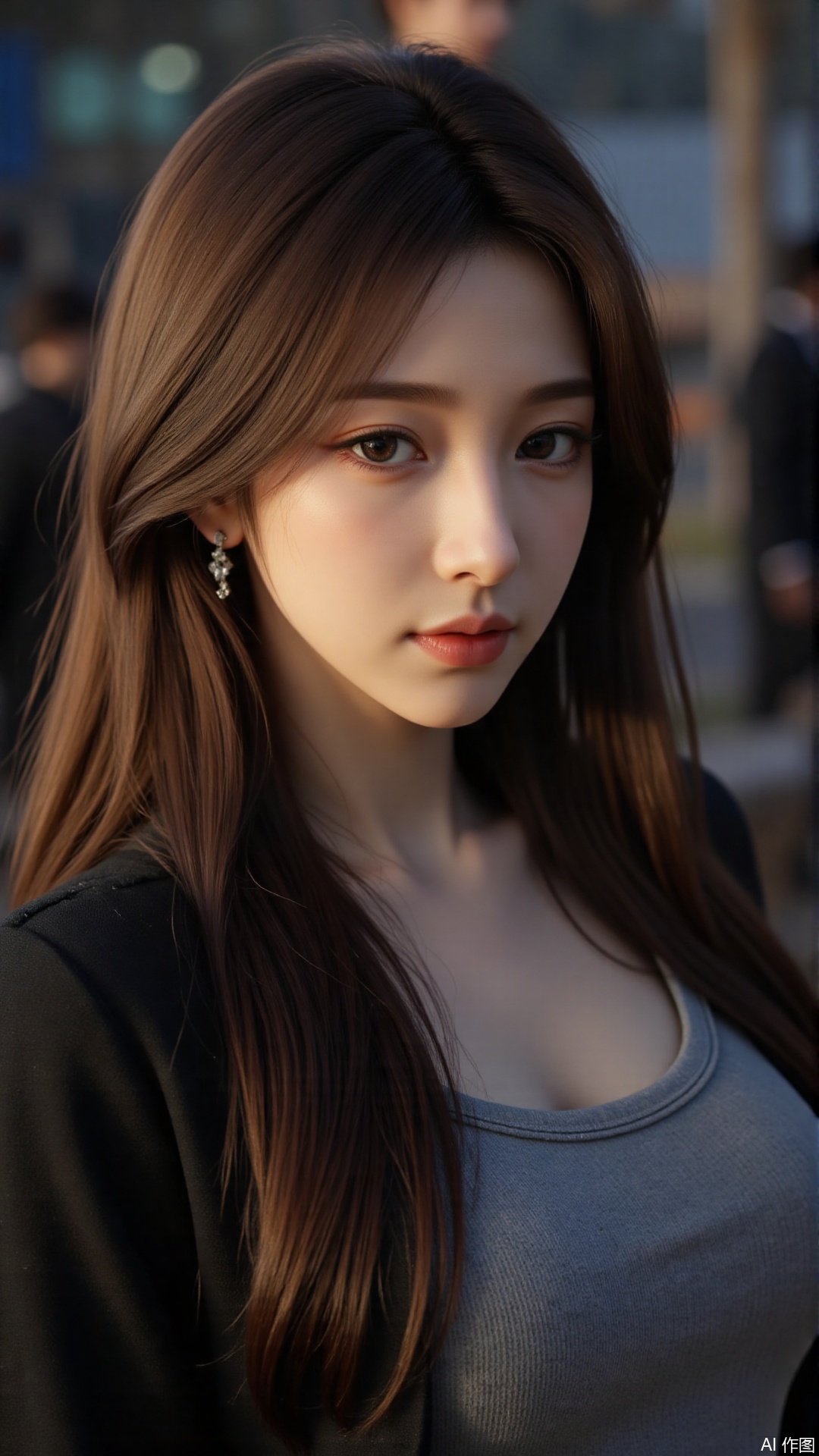 a asian woman, sexy long hair, blue eyes, charming and seductive temperament, distant close-up, golden ratio, movie texture, minimalism, high-end feeling, strong contrast between cold and warm, outdoor scenes, 