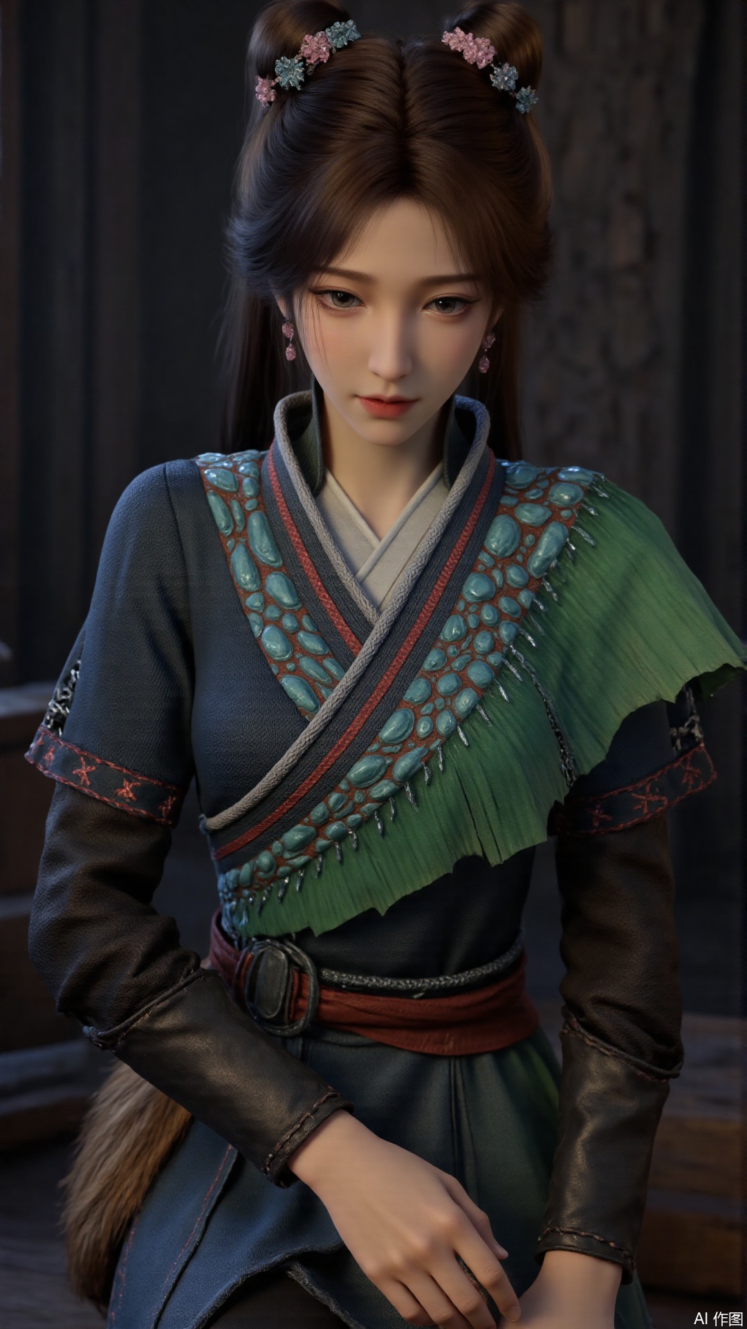 1girl, long hair, solo, bunches, hair ornament, black hair, mischevious smile, perfect body, scenery, sharp focus, best quality, masterpiece, detailed outfit, illustration, perfect eyes, finely detailed beautiful anime eyes, realistic skin, intricate details, best lighting, depth of field, ultra high resolution, sitting