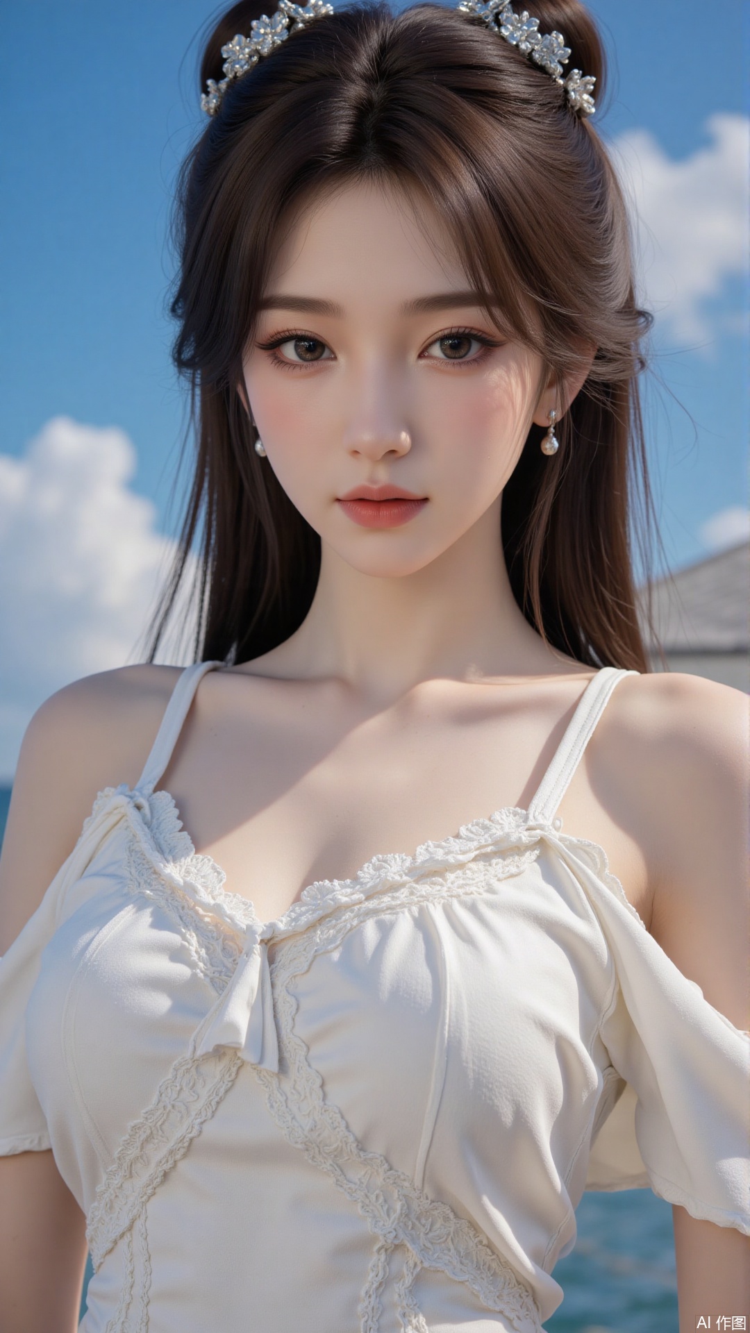Very detailed face, extremely detailed eyes and face, blue eyes, (vacuum), 8K wallpaper, light leak, beautiful and detailed girl, extremely detailed CGUnity8K wallpaper, an extremely detailed and beautiful, beautiful and detailed eyes, masterpiece, best quality, Real photo level, (frontal shooting panoramic perspective), ( (Full body photo)), dynamic angle, dynamic pose, solo, ancient style silver hairpin with petals, blue sky and white clouds, (C cup), (huge round breasts), slender legs, super good figure, stunning beauty, (whole body in the mirror) , (wearing Lolita nightgown), (light reflects the shadow of the body through the clothes),vacuum,bare and smooth