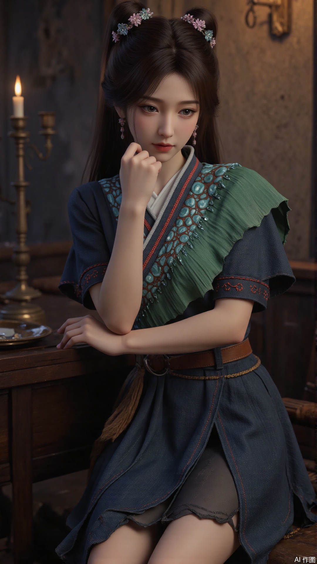 1girl, long hair, solo, bunches, hair ornament, black hair, mischevious smile, perfect body, scenery, sharp focus, best quality, masterpiece, detailed outfit, illustration, perfect eyes, finely detailed beautiful anime eyes, realistic skin, intricate details, best lighting, depth of field, ultra high resolution, sitting