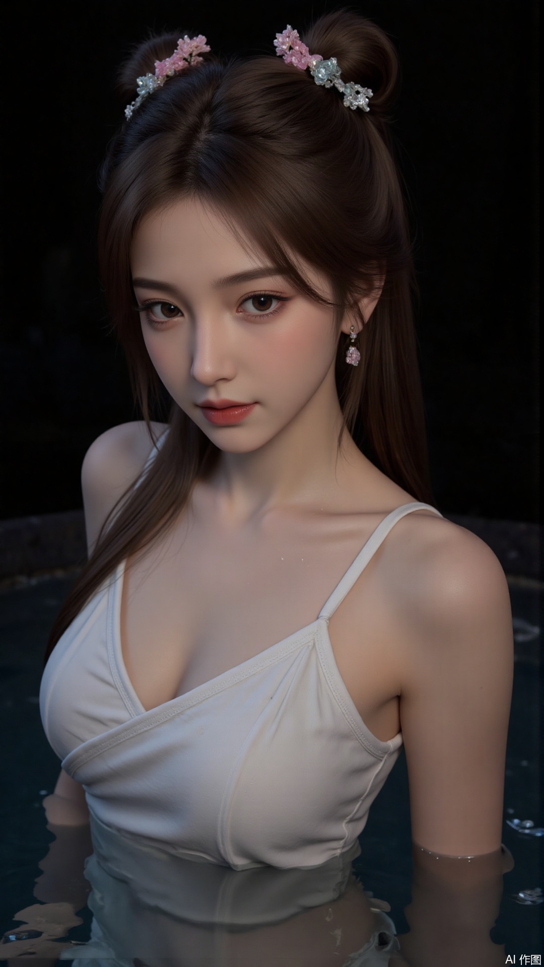 1girl, solo, long hair, red lips,looking at viewer, upper body, glowing hair,hair ornament,white sling shirt,bare shoulders,in water,hair bun,ribbon,earrings,black background,light,dark background