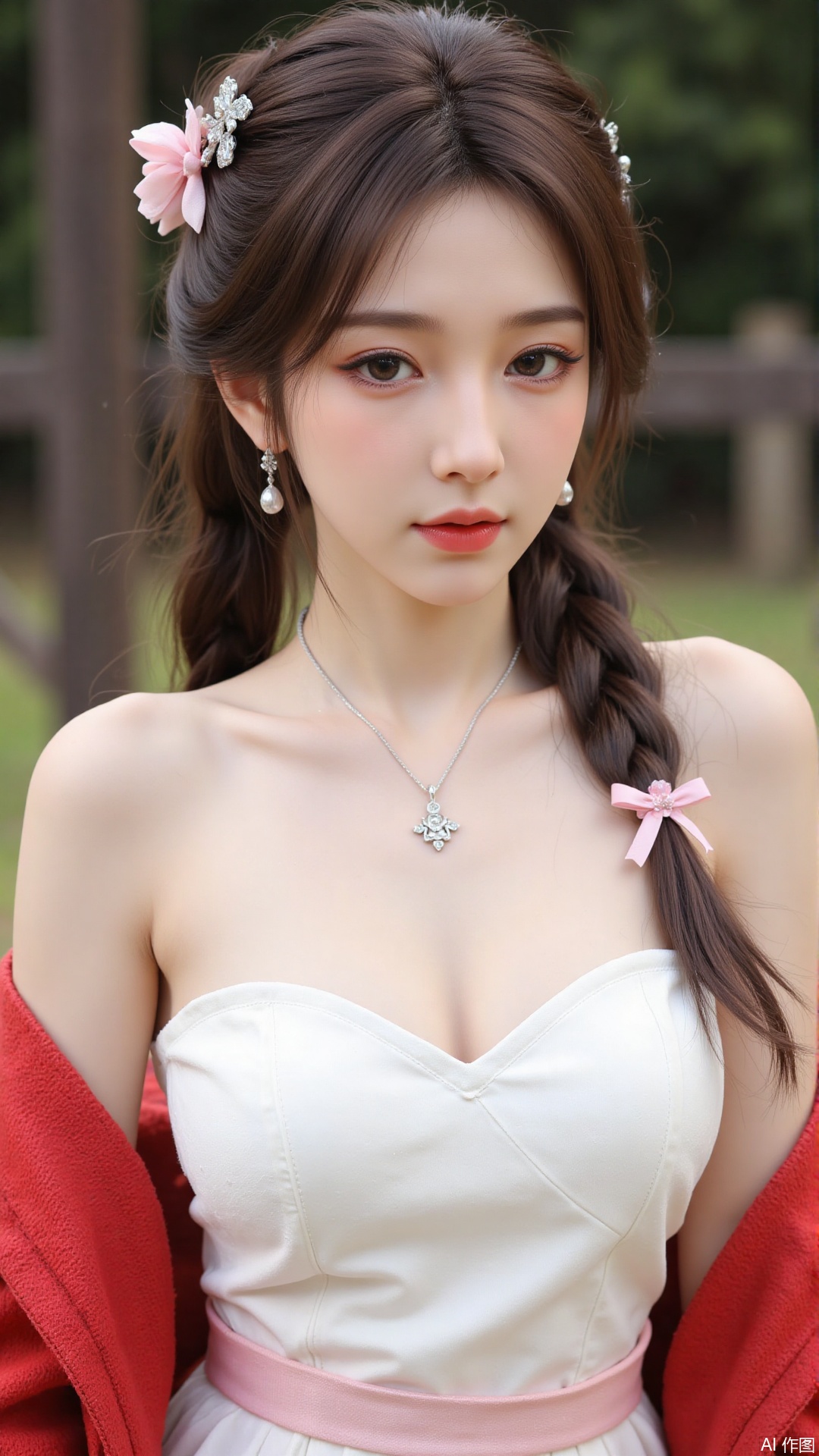 1girl,solo,jewelry,flower,hair flower,hair ornament,necklace,realistic,brown eyes,looking at viewer,dress,blurry background,twin braids,blurry,white dress,long hair,upper body,breasts,pink bow,red jacket,bare shoulders,lips,collarbone,outdoors,cleavage,large natural breast,soft breasts,huge Breasts