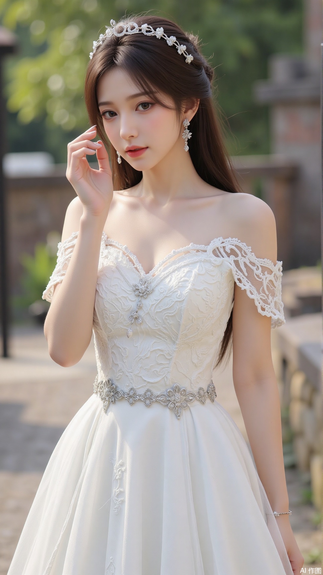 1girl, white wedding dress,looking at viewer, mischevious smile, perfect body, scenery, sharp focus, best quality, masterpiece, detailed outfit, illustration, perfect eyes, finely detailed beautiful anime eyes, realistic skin, intricate details, best lighting, depth of field, ultra high resolution, cowboy_shot, bride
