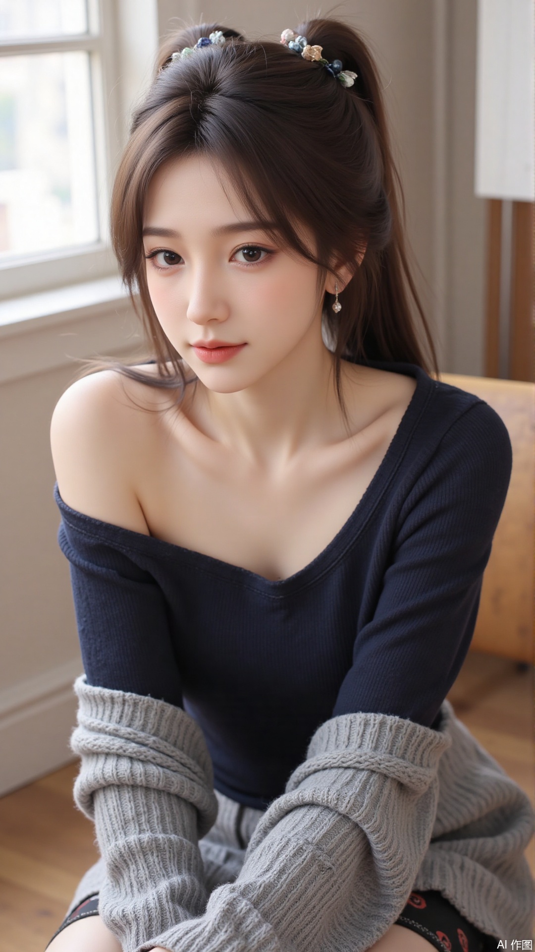 1girl, solo, long hair, looking at viewer, smile, sitting, collarbone, off shoulder, sweater, messy hair, realistic