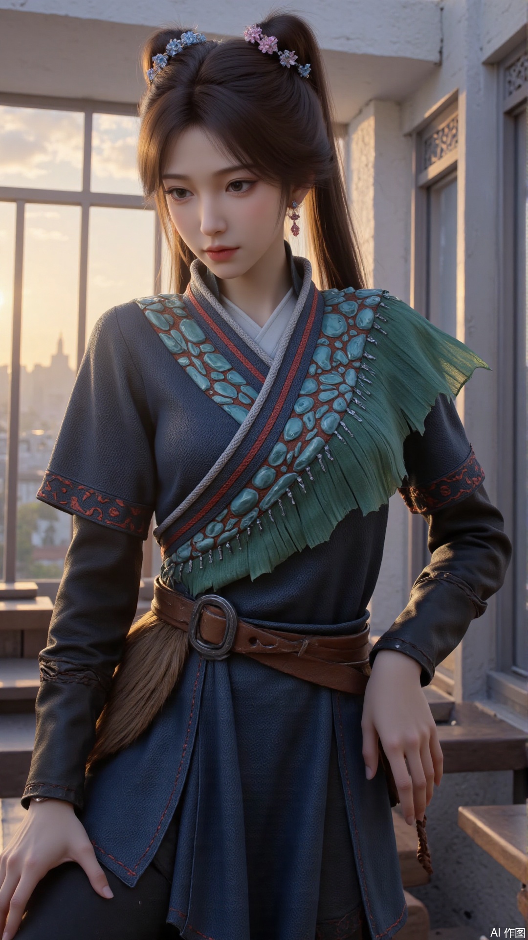 1girl, long hair, solo, bunches, hair ornament, black hair, mischevious smile, perfect body, scenery, sharp focus, best quality, masterpiece, detailed outfit, illustration, perfect eyes, finely detailed beautiful anime eyes, realistic skin, intricate details, best lighting, depth of field, ultra high resolution, cowboy shot