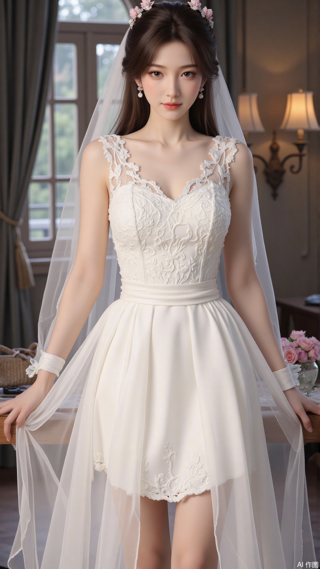 1girl, white wedding dress,looking at viewer, mischevious smile, perfect body, scenery, sharp focus, best quality, masterpiece, detailed outfit, illustration, perfect eyes, finely detailed beautiful anime eyes, realistic skin, intricate details, best lighting, depth of field, ultra high resolution, cowboy_shot, bride