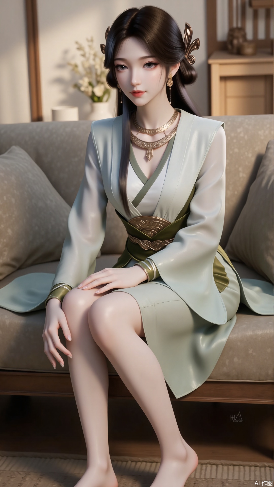 1 girl, long black hair, hair, hair accessories, earrings, necklace, brown pupils. Long eyelashes. Exquisite hands. White skin. Classical Chinese clothing. The color matching of clothing is harmonious, with light green and gray as the main colors, and the collar is cross-collar. belt. Expose your legs. Slim legs. Sitting on the sofa. indoor. Barefoot. Filled with natural light. Bright.