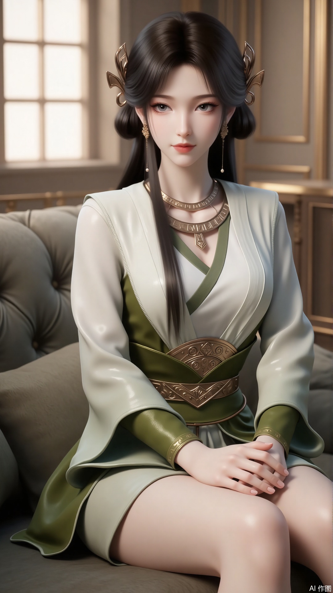 1 girl, long black hair, hair, hair accessories, earrings, necklace, brown pupils. Long eyelashes. Exquisite hands. White skin. Classical Chinese clothing. The color matching of clothing is harmonious, with light green and gray as the main colors, and the collar is cross-collar. belt. Expose your legs. Slim legs. Sitting on the sofa. indoor. Barefoot. Filled with natural light. Bright.