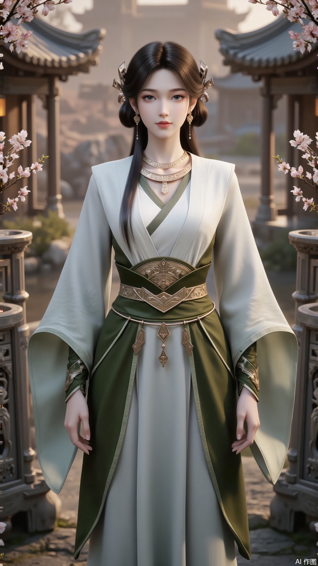 Overall
 
The overall image presents a harmonious and aesthetically pleasing portrayal of a figure in a traditional - style setting. It exudes an air of elegance and cultural richness, with a well - balanced combination of elements.
 
Artistic Style
 
The artistic style leans towards a realistic and detailed digital illustration with a strong influence of traditional East - Asian aesthetics. The soft lighting and clear, sharp details contribute to a refined and picturesque look, reminiscent of ancient - style paintings with a modern digital twist.
 
Composition
 
The composition is centered, with the figure positioned in the middle of the frame. The background of traditional architecture and blooming flowers frames the subject, creating a natural and visually appealing backdrop that doesn't distract from the main figure. The symmetry and balance in the composition enhance the overall sense of order and beauty.
 
Figure Pose
 
The figure stands upright in a poised and graceful manner. This stance conveys a sense of dignity and calmness, which is fitting for the traditional - style attire and setting. It is a static pose that emphasizes the elegance of the clothing and the overall demeanor of the character.
 
Shooting Perspective
 
The shooting perspective is a frontal, eye - level view. This angle allows for a clear and direct view of the figure's face, clothing details, and overall appearance. It creates an intimate connection between the viewer and the subject, making it easy to appreciate the subtleties of the look.
 
Expression
 
The expression is serene and composed. The eyes are calm and slightly distant, giving an impression of tranquility and thoughtfulness. The overall facial expression is gentle, which complements the traditional and refined atmosphere of the image.
 
Hairstyle
 
The hairstyle is an elaborate traditional updo, adorned with decorative hair accessories. The intricate styling and the addition of the ornaments enhance the classical look, adding to the overall sense of cultural authenticity.
 
Action
 
The action is minimal, as the figure is standing still. This stillness emphasizes the grace and elegance of the pose, and also allows the viewer to focus on the details of the clothing and accessories.
 
Clothing Style
 
The clothing is a traditional robe with a combination of light and dark colors. The design features crossed front panels, wide sleeves, and a prominent, ornate belt. The style is characteristic of historical or fantasy - inspired traditional East - Asian fashion, with attention to detail in the cut and draping of the fabric.
 
Makeup
 
The makeup is natural - looking yet refined. It enhances the features subtly, with soft eyeshadow, well - defined eyebrows, and a light lip color. The makeup complements the traditional look without being overly dramatic, maintaining a sense of understated elegance.
 
Matching
 
The clothing, hairstyle, and accessories are all well - matched. The color scheme of the robe harmonizes with the decorative elements, such as the belt and jewelry. The traditional hairstyle and hair ornaments also fit seamlessly with the overall outfit, creating a cohesive and harmonious appearance.
 
Decoration
 
The decorations include ornate hair accessories, a detailed necklace, and an intricately designed belt. These elements add a touch of luxury and cultural authenticity to the overall look. They are not over - the - top but rather enhance the traditional aesthetic in a tasteful manner.
 
Image Quality
 
The image quality is extremely high. The details of the clothing fabric, the texture of the hair, and the features of the face are all rendered with great precision. The lighting is soft and well - controlled, contributing to the smooth and lifelike appearance of the entire image.