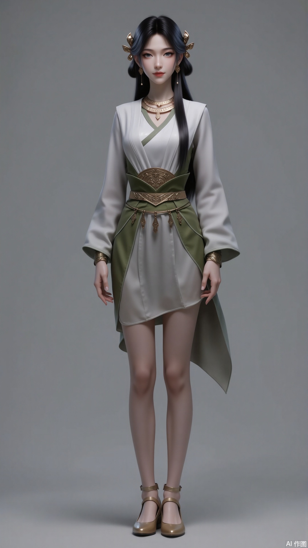 A beautiful woman, full body photo. Long black hair. Hair on the temples. Hair accessories. Earrings. Necklace. Ancient clothing. Hand over. Belt. Long sleeves. Brown eyes. Long eyelashes. Pearl eye shadow. A faint smile. Show your legs. Tall. Long and slender legs. Exquisite hands. Single mouth flat shoes. Grey background. Simple background.