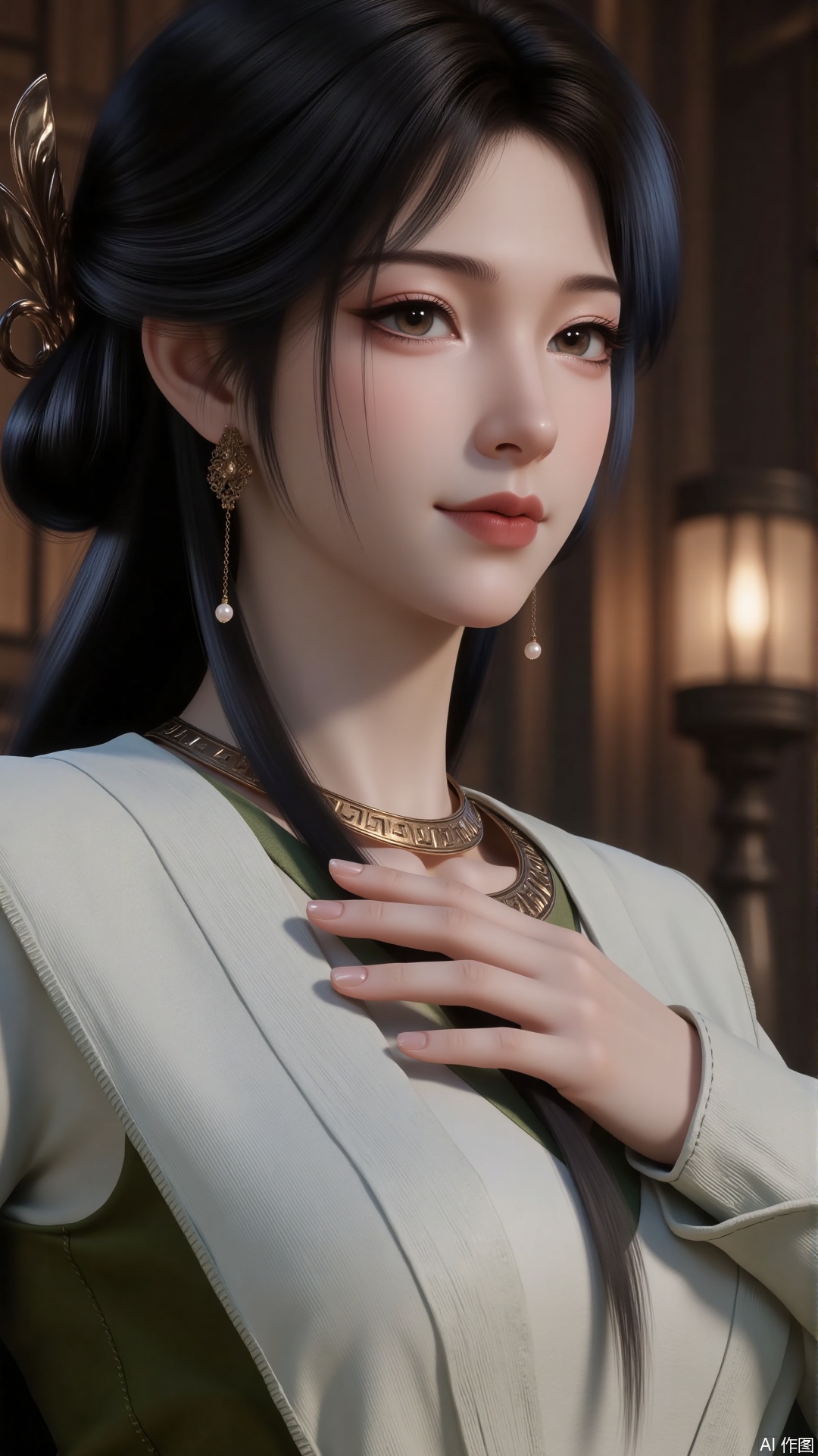1 beautiful woman, upper body close-up. Long black hair. Shirt with folded hair. Hair accessories. earrings. necklace. Ancient costume. Hand over. belt. Long sleeves. Brown pupils. Long eyelashes. Pearl eye shadow. A faint smile.