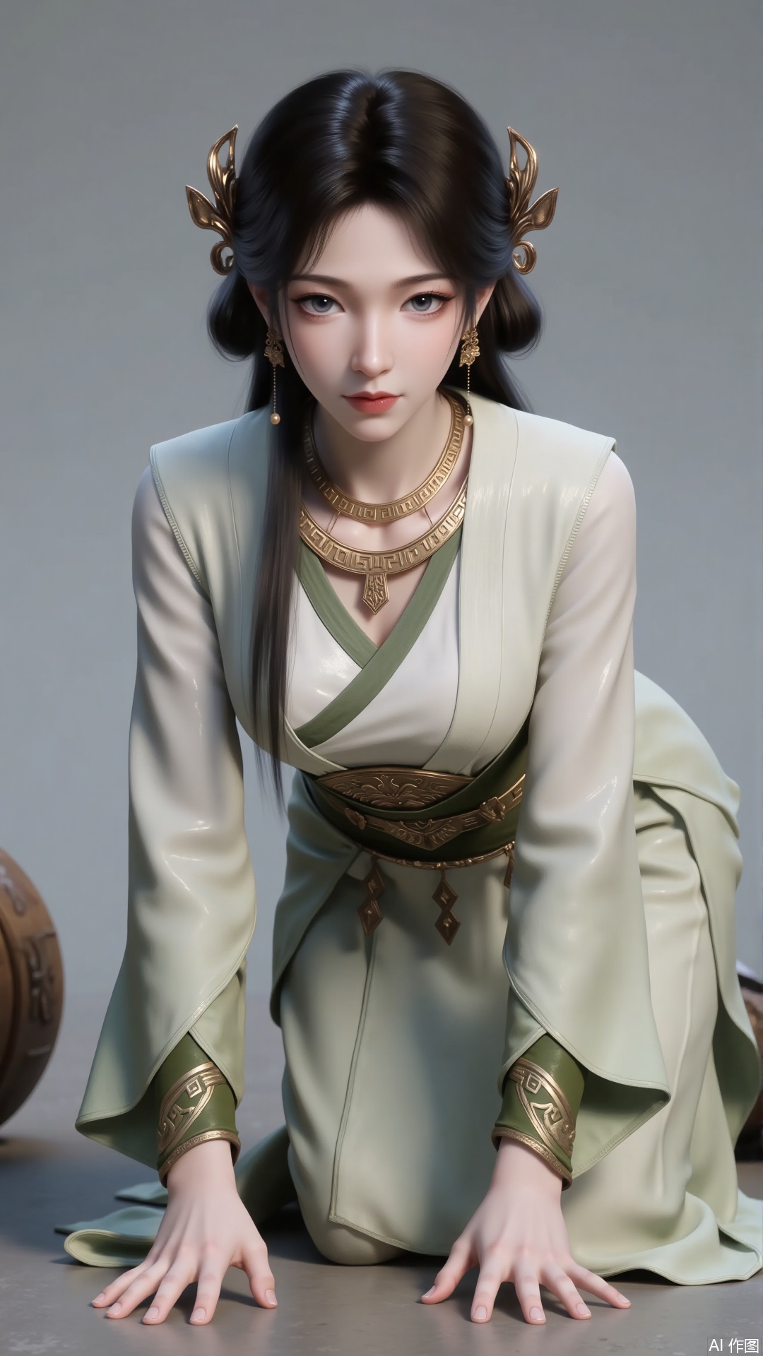 Overall: Presents an ancient - style female character with high - level visual quality.
Art Style: Realistic ancient - style, delicate and lifelike, with natural lighting and shadow processing, restoring the texture and atmosphere of ancient times.
Composition: The character is the main focus, occupying the majority of the picture, with a balanced and harmonious composition.
Character Posture: In a kneeling position, leaning forward, showcasing an elegant and graceful posture. Crawling, on all fours.
Shooting Perspective: Front - facing and eye - level angle, clearly displaying the character's full appearance and expression.
Expression: Calm face, steady eyes, exuding a dignified and confident demeanor.
Hairstyle: Long, black hair styled into an elegant bun, with some strands cascading down the back.
Movement: Hands supporting the body in front, with a slow and composed posture.
Clothing Style: A light - colored ancient - style robe, with a material that appears to have a sheen. The collar has an overlapping design, and the cuffs are decorated with exquisite patterns. Large breasts.
Makeup: Natural and translucent base makeup, slender eyebrow shape, light eye makeup, and lip color that matches the overall makeup, highlighting classical gentleness.
Coordination: The overall matching is coordinated and unified, presenting a classical and elegant style.
Grey background. Filled with natural light. Bright.
Decoration: Wearing gorgeous golden ornaments, including multi - layered necklaces, delicate earrings, and uniquely - shaped hair ornaments.
Image Quality: Ultra - high resolution, rich in details, sharp - edged, with a strong sense of texture.