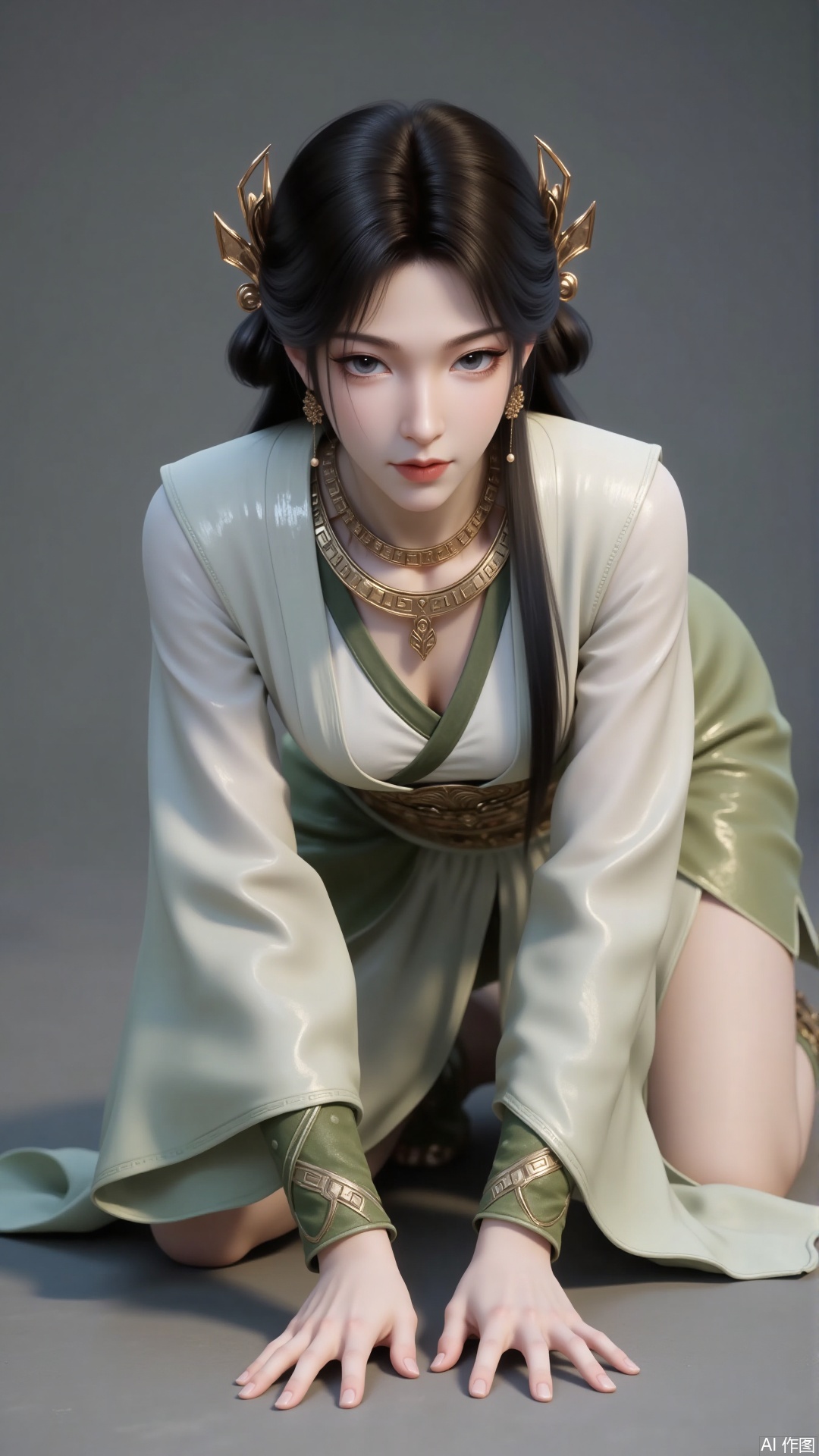 Overall: Presents an ancient - style female character with high - level visual quality.
Art Style: Realistic ancient - style, delicate and lifelike, with natural lighting and shadow processing, restoring the texture and atmosphere of ancient times.
Composition: The character is the main focus, occupying the majority of the picture, with a balanced and harmonious composition.
Character Posture: In a kneeling position, leaning forward, showcasing an elegant and graceful posture. Crawling, on all fours.
Shooting Perspective: Front - facing and eye - level angle, clearly displaying the character's full appearance and expression.
Expression: Calm face, steady eyes, exuding a dignified and confident demeanor.
Hairstyle: Long, black hair styled into an elegant bun, with some strands cascading down the back.
Movement: Hands supporting the body in front, with a slow and composed posture.
Clothing Style: A light - colored ancient - style robe, with a material that appears to have a sheen. The collar has an overlapping design, and the cuffs are decorated with exquisite patterns. Large breasts.
Makeup: Natural and translucent base makeup, slender eyebrow shape, light eye makeup, and lip color that matches the overall makeup, highlighting classical gentleness.
Coordination: The overall matching is coordinated and unified, presenting a classical and elegant style.
Grey background. Filled with natural light. Bright.
Decoration: Wearing gorgeous golden ornaments, including multi - layered necklaces, delicate earrings, and uniquely - shaped hair ornaments.
Image Quality: Ultra - high resolution, rich in details, sharp - edged, with a strong sense of texture.