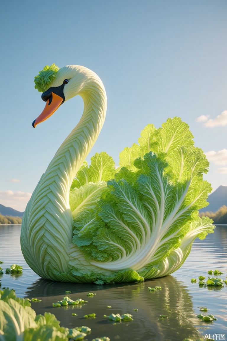 pic  A highly detailed CGI image of a swan with a body composed of crisp, vibrant green lettuce leaves, creating a surreal, whimsical effect. The swan's orange beak and black eye stand out against the leafy texture. The serene lake and distant mountains under a clear blue sky form the background. 
