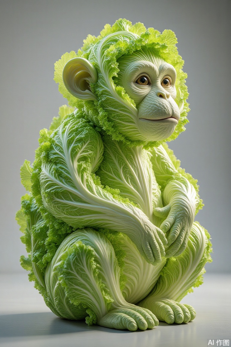 monkey  body is composed of tender and green lettuce leaves, creating a surreal and interesting effect.