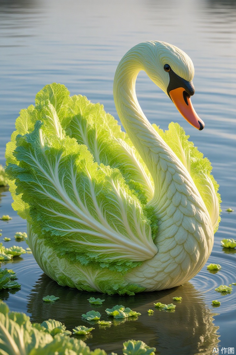 The swan's body is composed of tender and green lettuce leaves, creating a surreal and interesting effect. ,pic