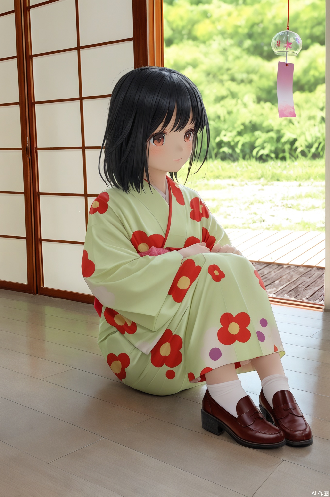 A girl in a kimono, sitting on the floor to change socks, with her leather shoes placed next to her, Japanese girl, kimono, Japanese wooden house, green field, wind chime