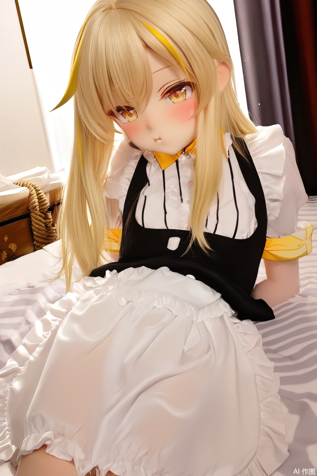 (8k masterpiece),(best quality),(detailed skin texture),
Kirisame Marisa in kigurumi style:1.2,
voluminous blonde hair with uneven bangs, strands sticking out,
dilated yellow eyes with star-shaped highlights,
flushed cheeks and ear tips,
slightly wrinkled long-sleeved dress with frilled apron,
dynamic sitting pose on rumpled bedsheets,
creating skin indentations,
soft bedroom lighting with dust particles,
(kigurumi:1.1),A binding, rope, or restraint.